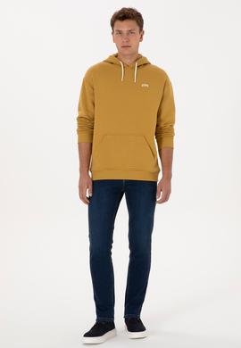 Erkek Oversize Fit Kapüşonlu Şardonlu Hardal Basic Sweatshirt - 50313782206