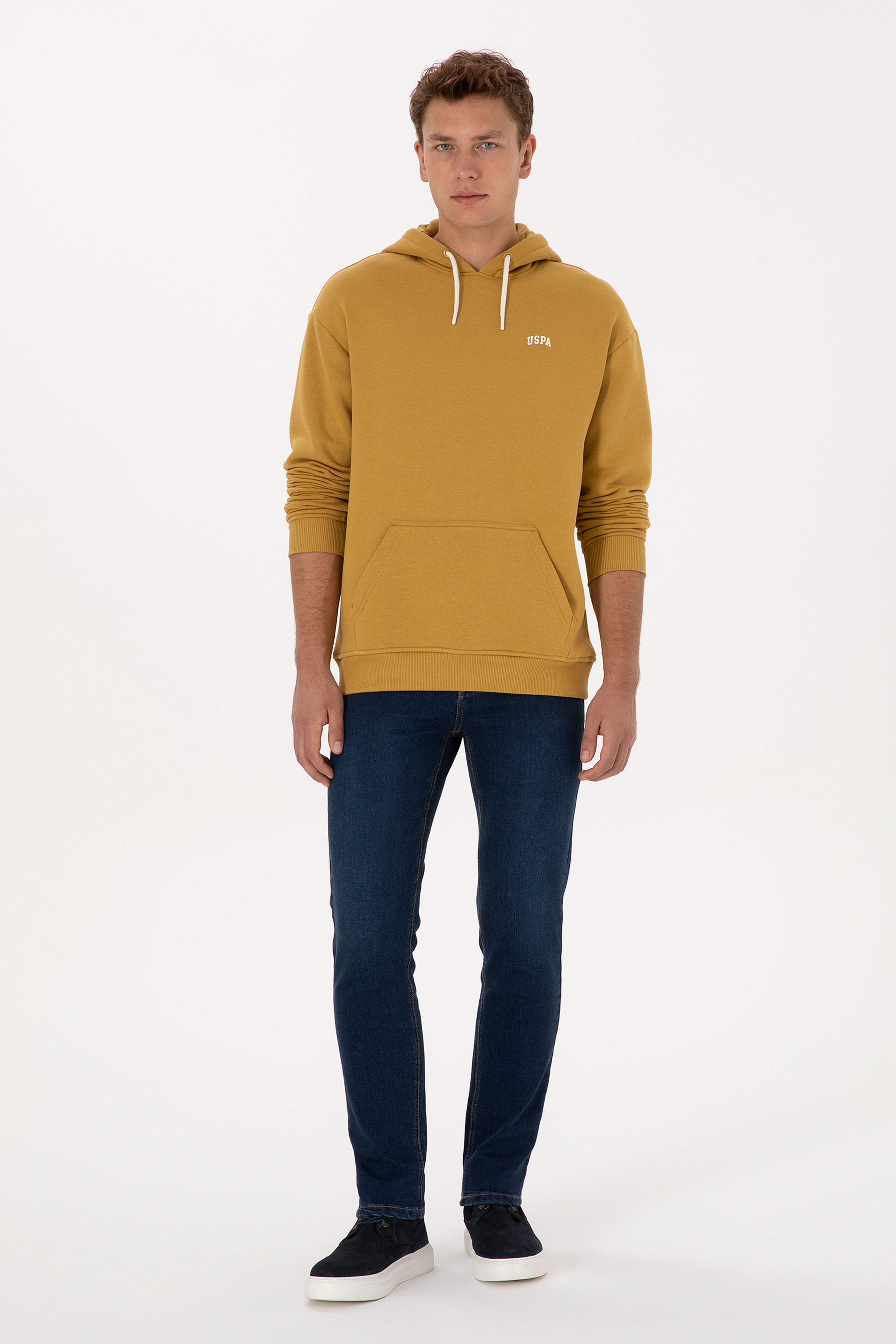 Erkek Oversize Fit Kapüşonlu Şardonlu Hardal Basic Sweatshirt - Image 4