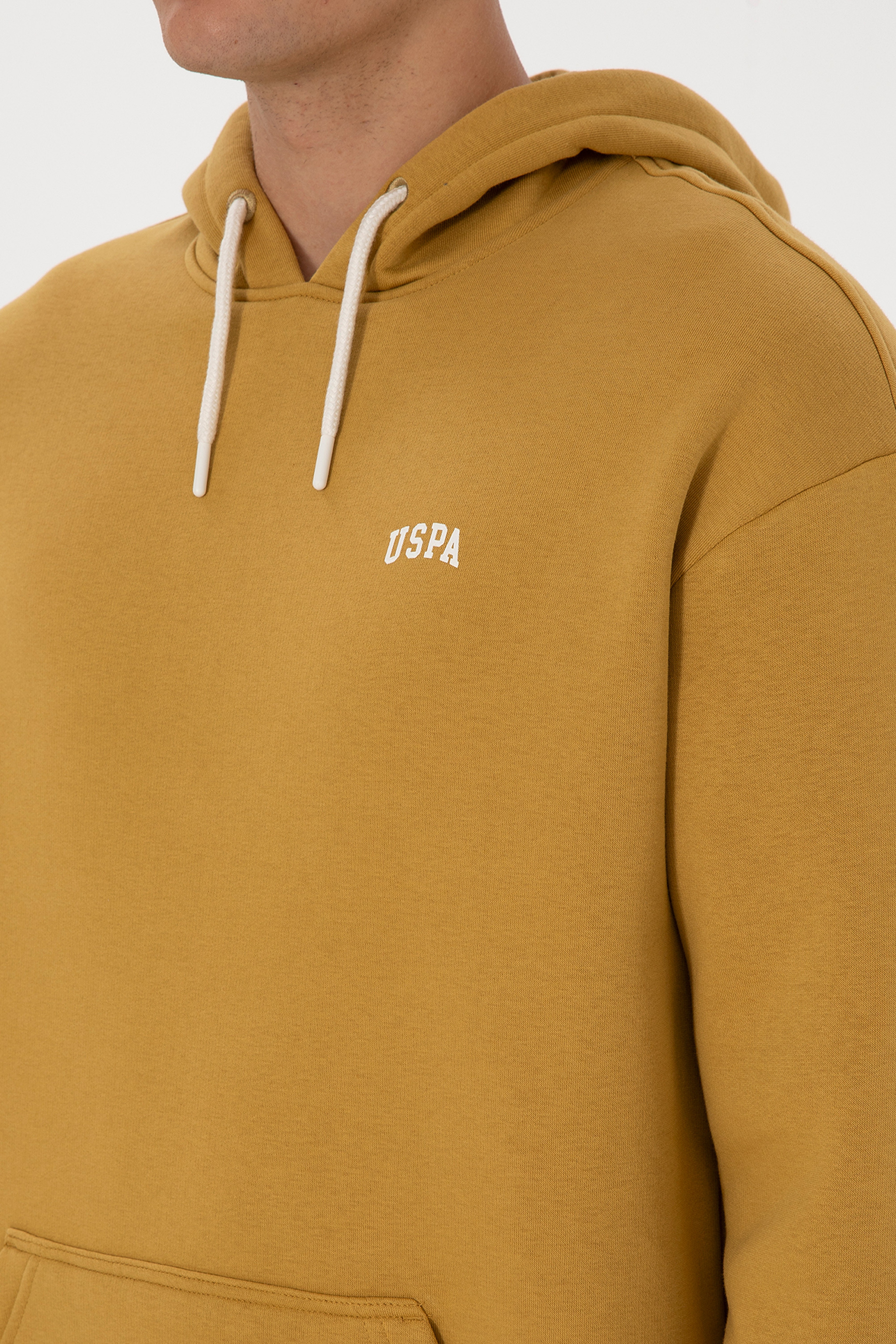 Erkek Oversize Fit Kapüşonlu Şardonlu Hardal Basic Sweatshirt