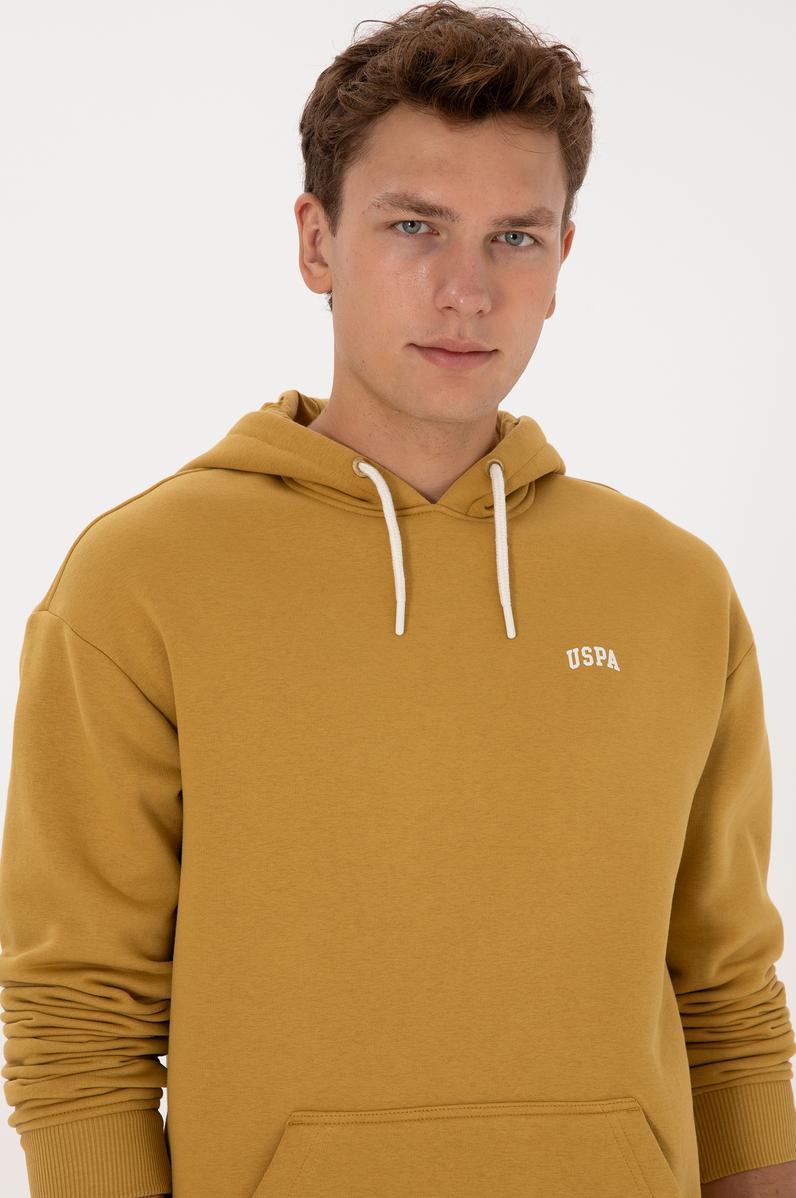 Erkek Oversize Fit Kapüşonlu Şardonlu Hardal Basic Sweatshirt