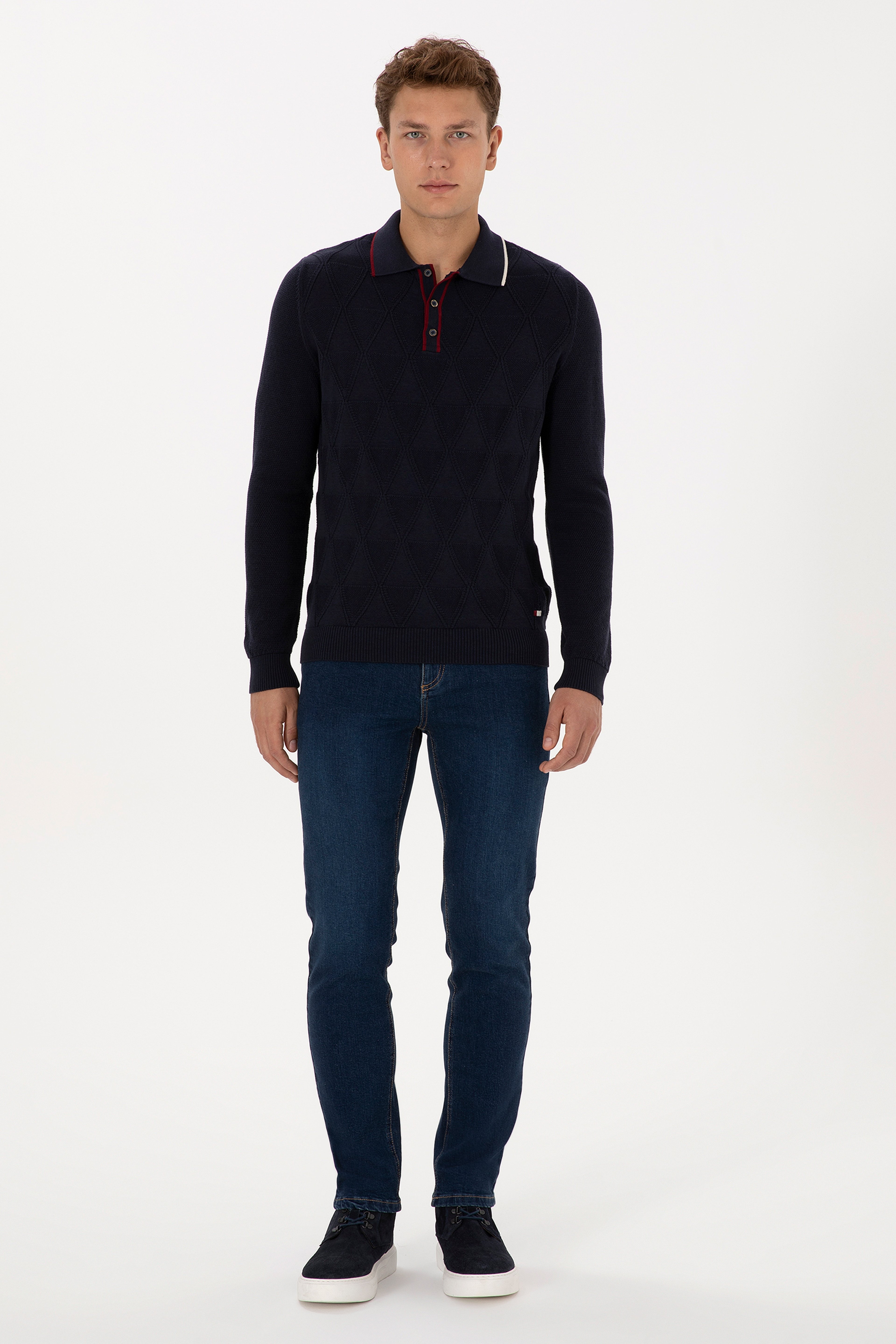 Erkek Regular Fit Polo Yaka Lacivert Kazak - Image 4