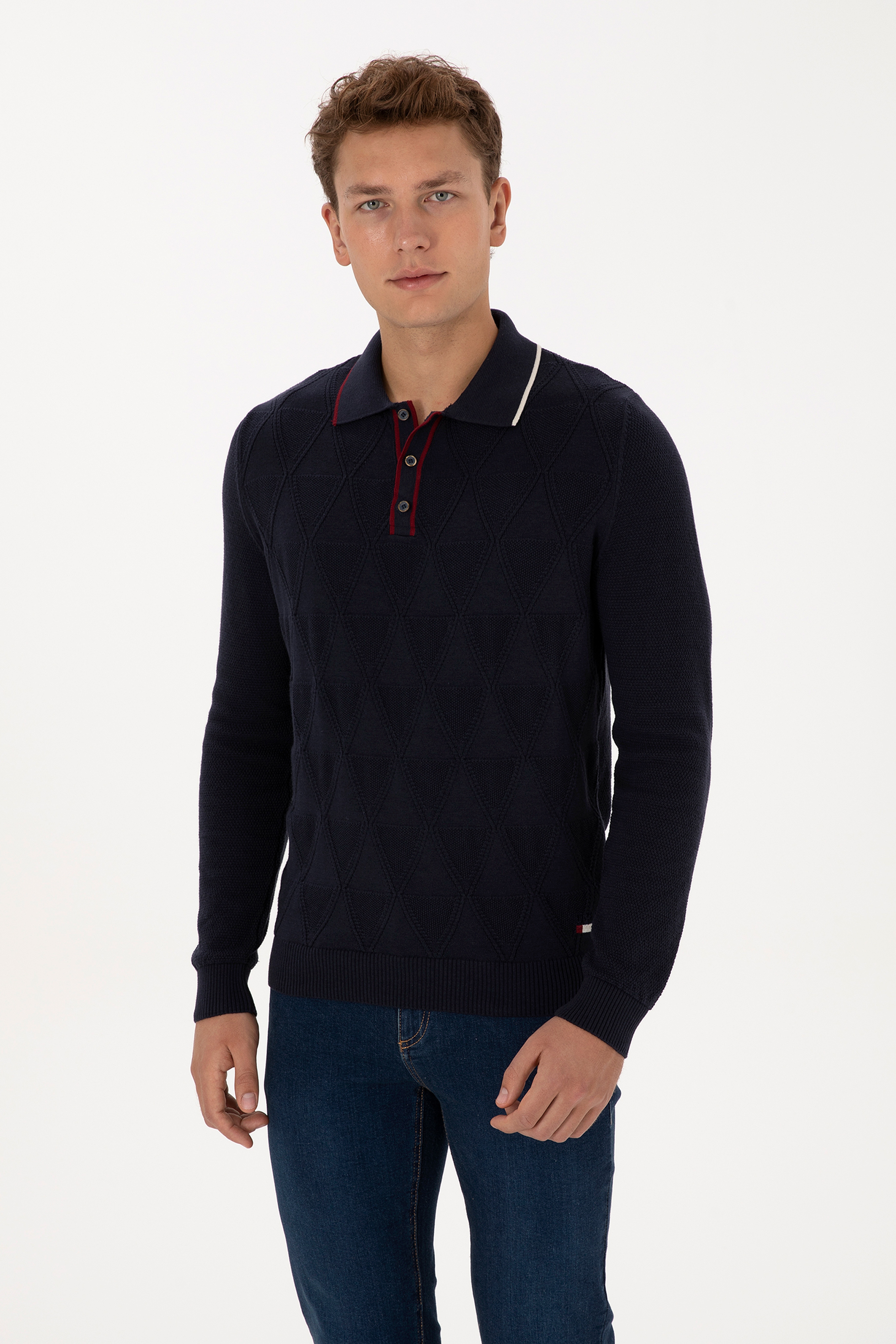 Erkek Regular Fit Polo Yaka Lacivert Kazak - Image 3