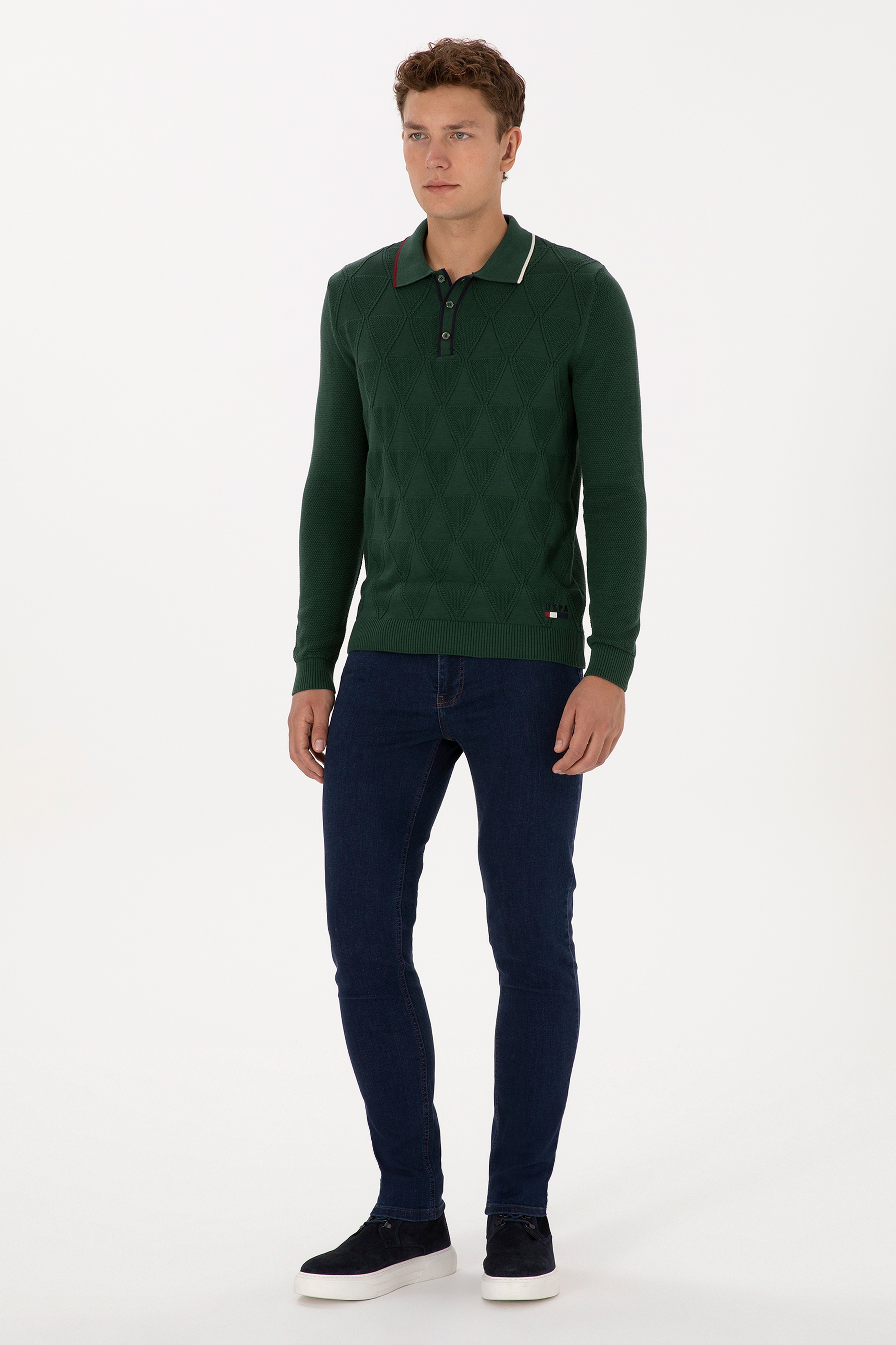 Erkek Regular Fit Polo Yaka Koyu Yeşil Kazak - Image 4