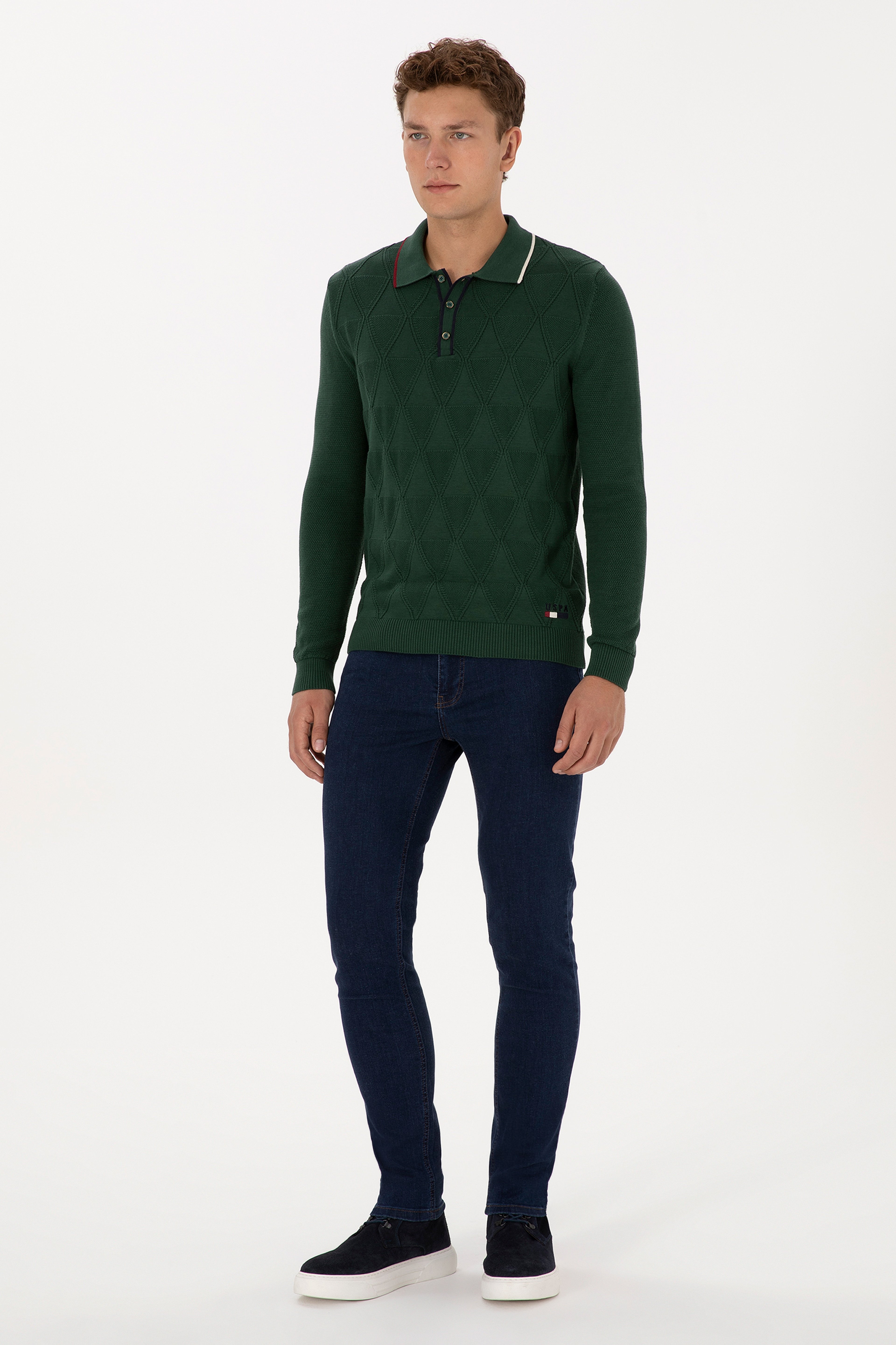 Erkek Regular Fit Polo Yaka Koyu Yeşil Kazak