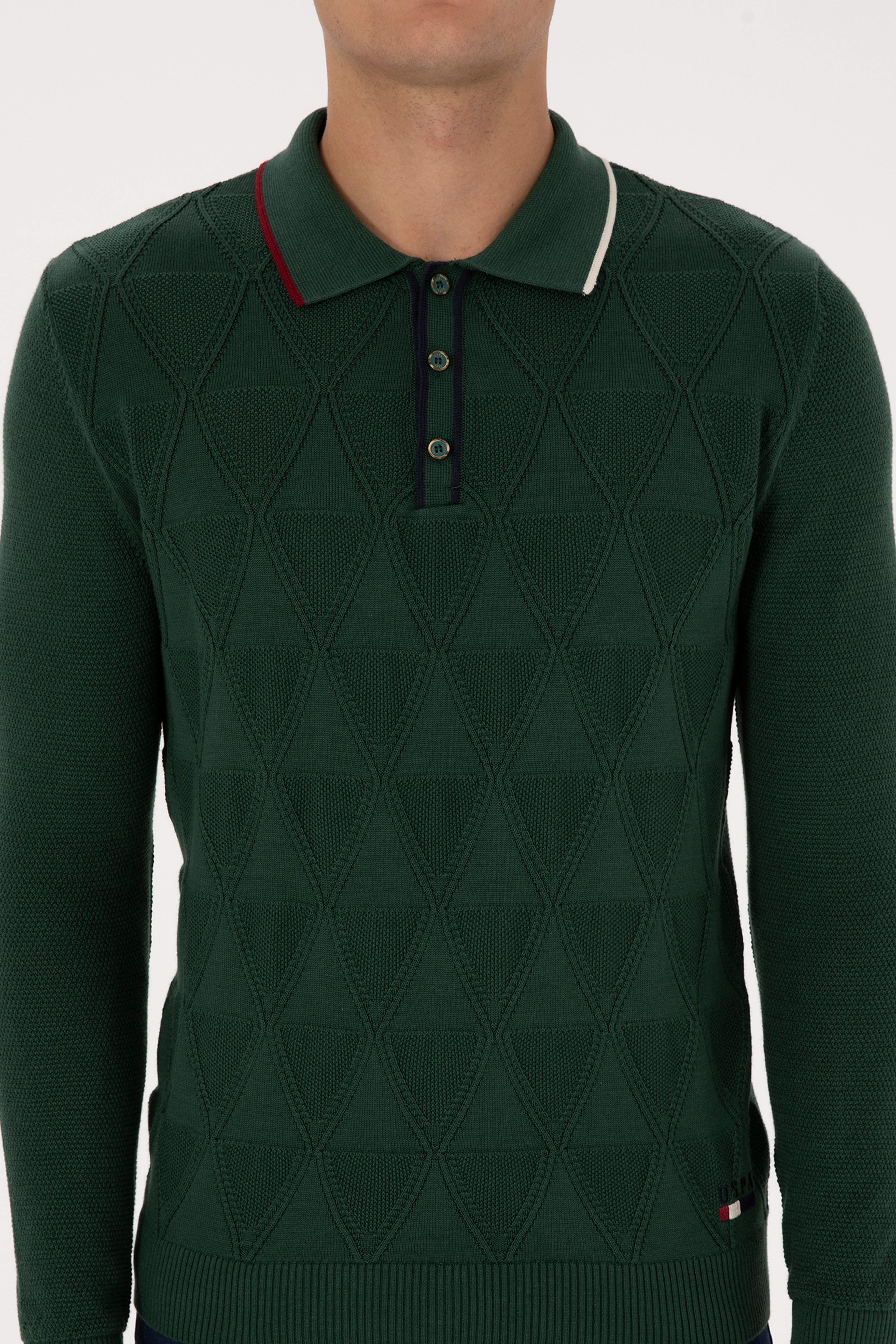Erkek Regular Fit Polo Yaka Koyu Yeşil Kazak