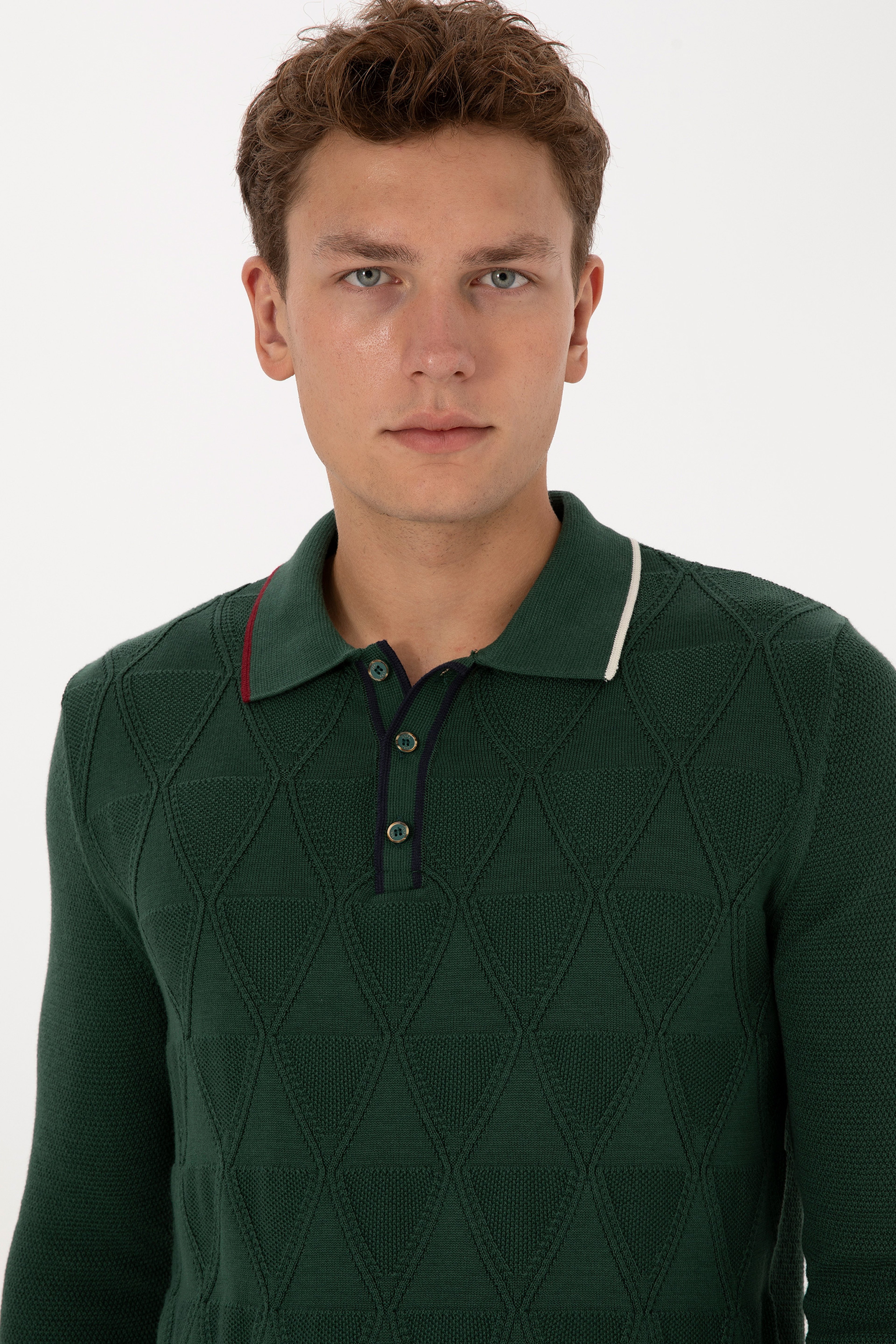 Erkek Regular Fit Polo Yaka Koyu Yeşil Kazak - Image 2