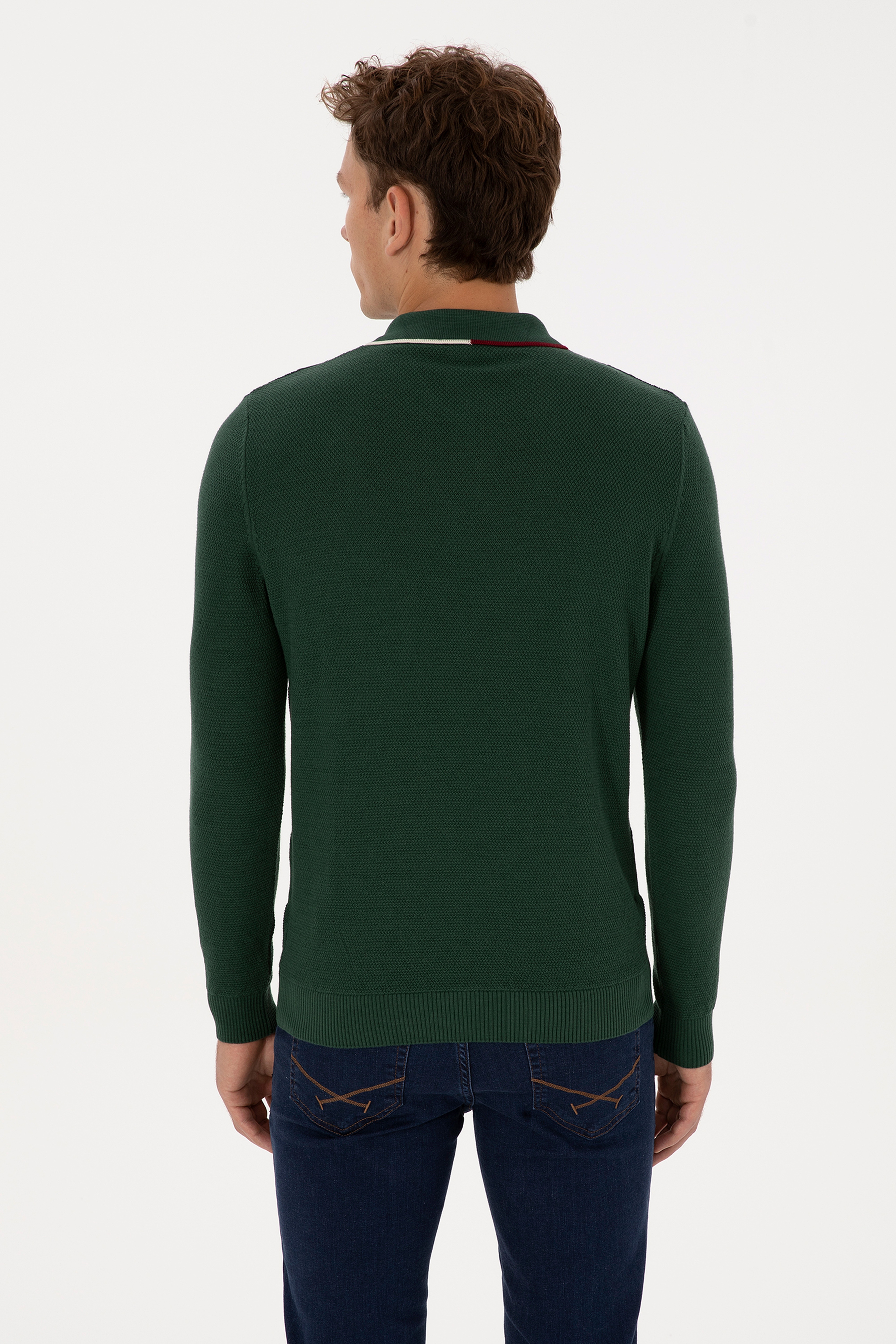 Erkek Regular Fit Polo Yaka Koyu Yeşil Kazak - Image 5
