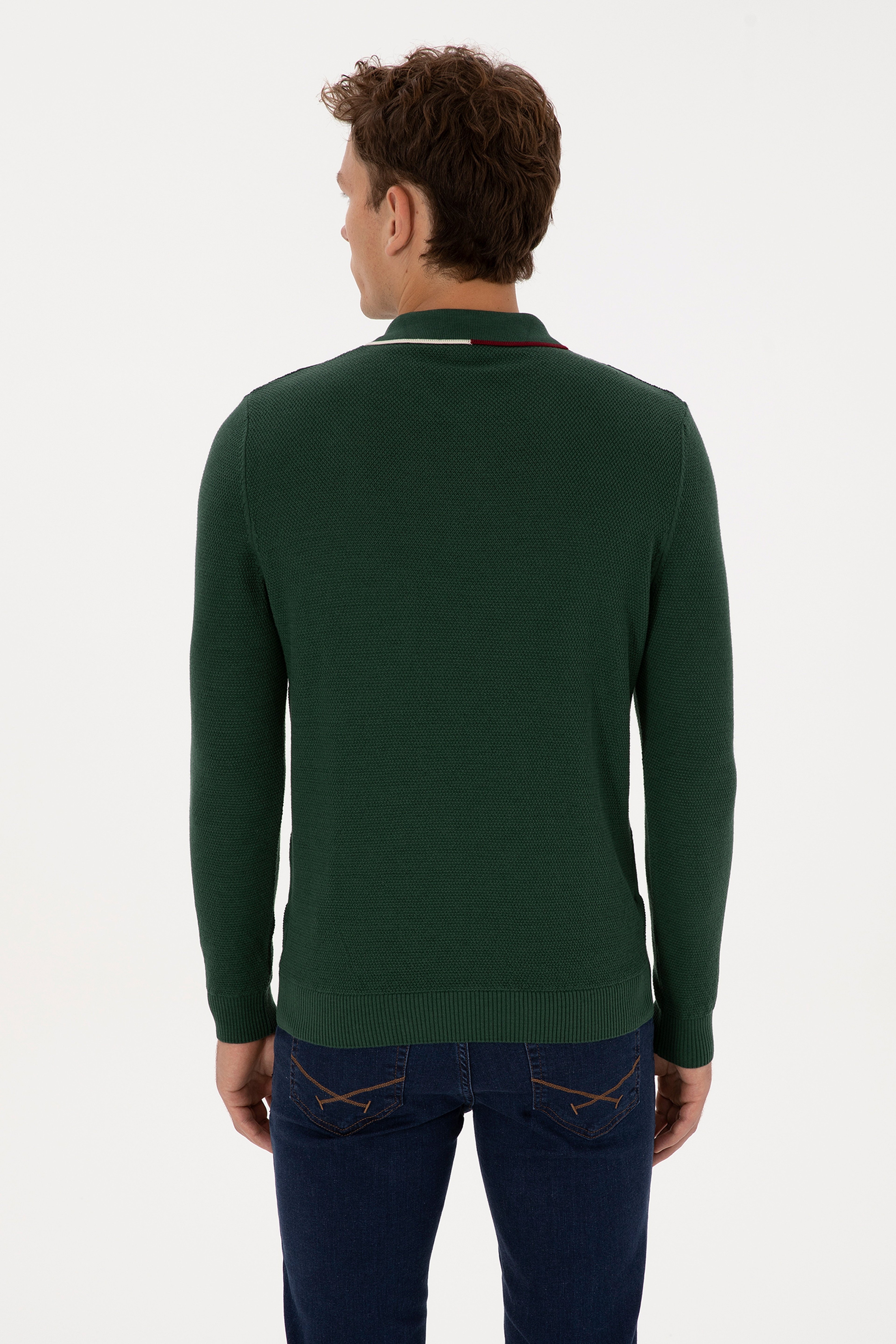 Erkek Regular Fit Polo Yaka Koyu Yeşil Kazak