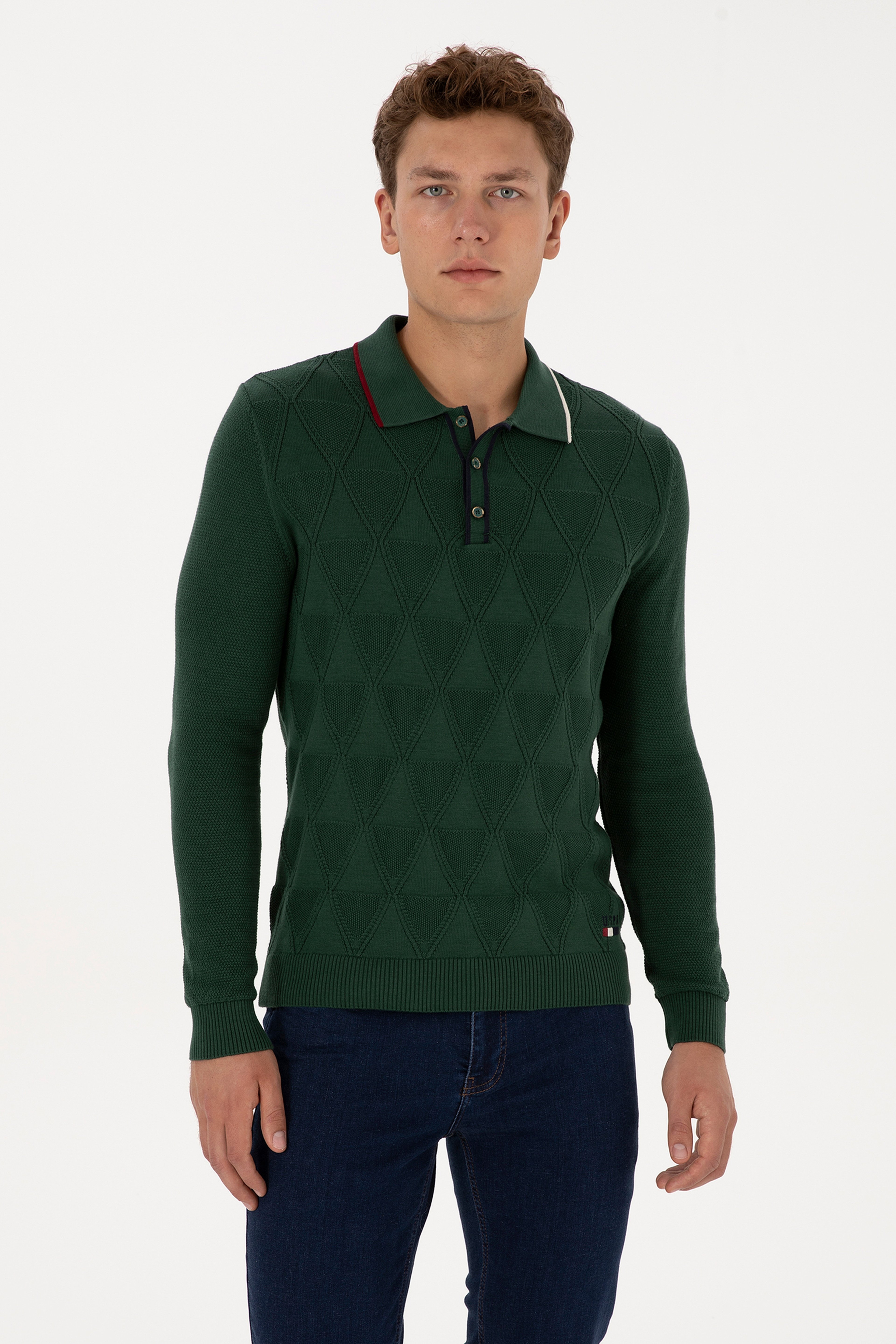 Erkek Regular Fit Polo Yaka Koyu Yeşil Kazak