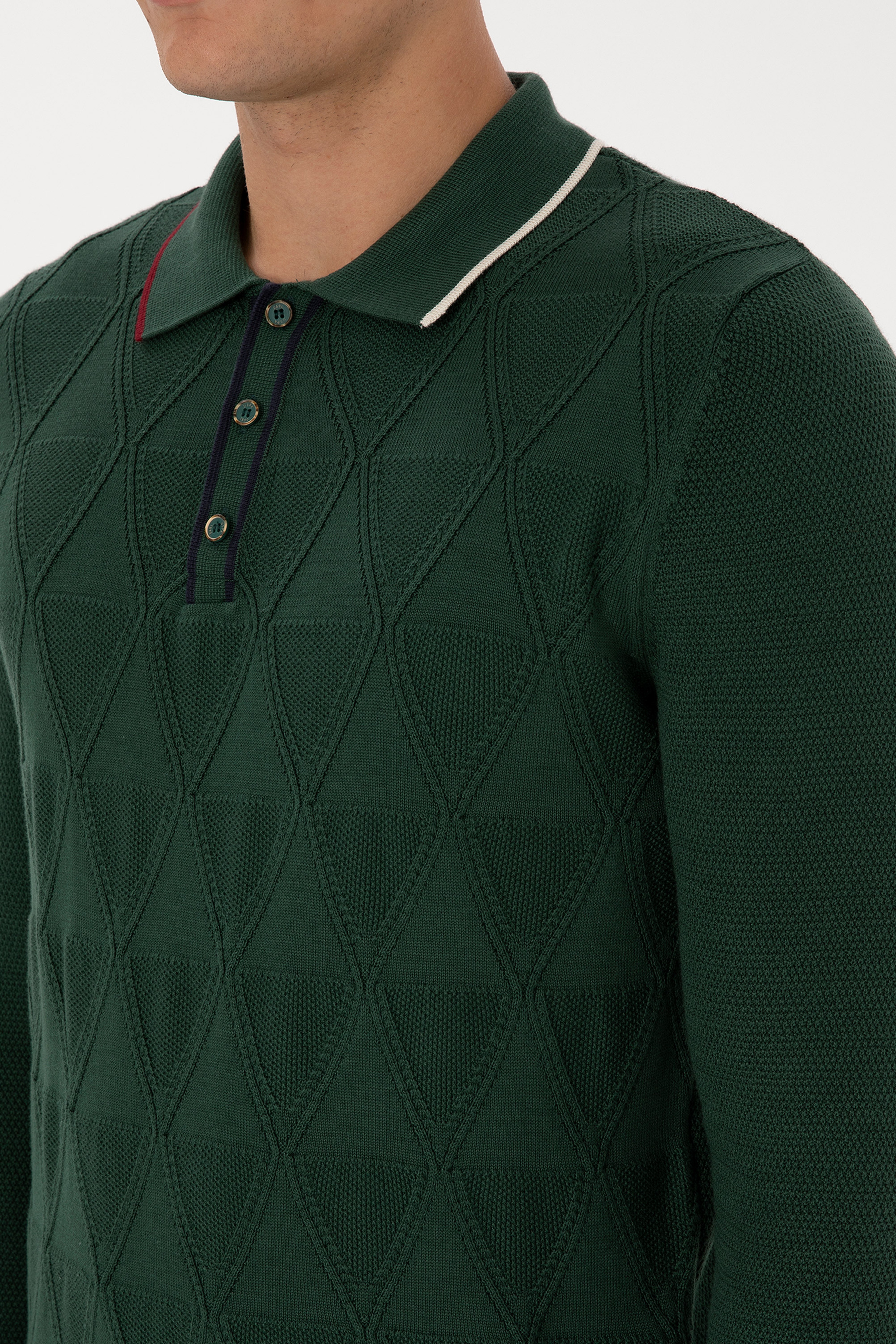 Erkek Regular Fit Polo Yaka Koyu Yeşil Kazak