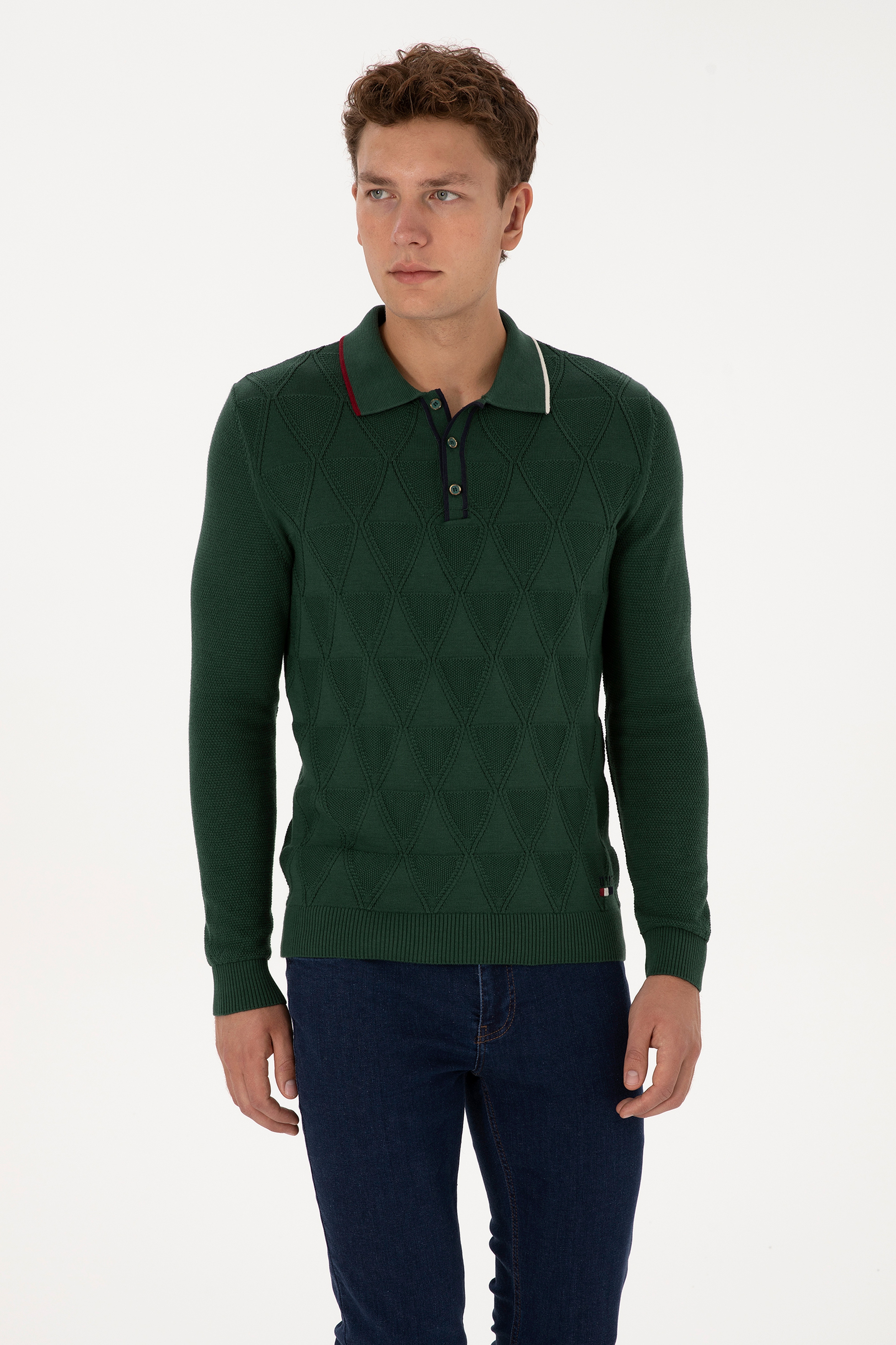 Erkek Regular Fit Polo Yaka Koyu Yeşil Kazak