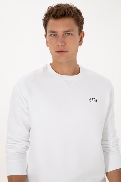 Erkek Comfort Fit Bisiklet Yaka Şardonlu Beyaz Basic Sweatshirt
