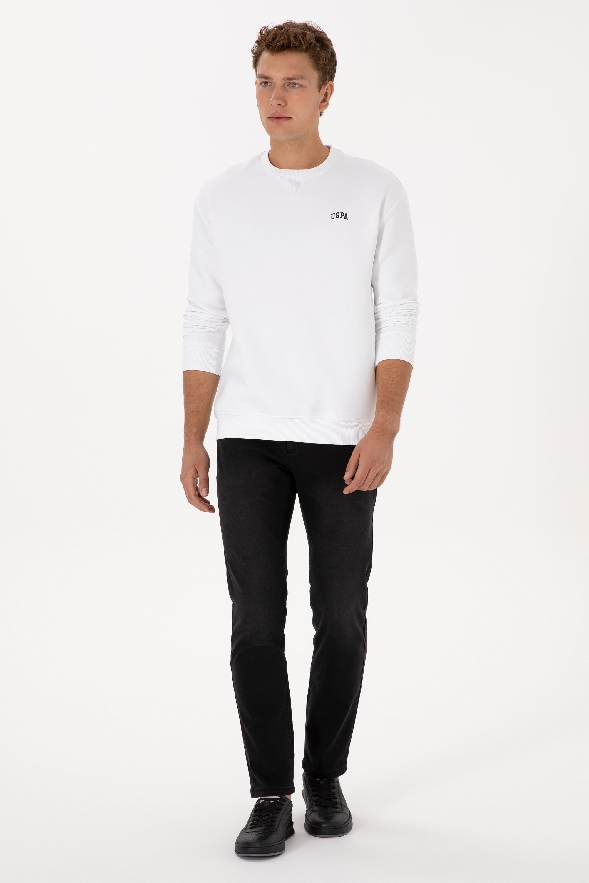 Erkek Comfort Fit Bisiklet Yaka Şardonlu Beyaz Basic Sweatshirt - Image 4