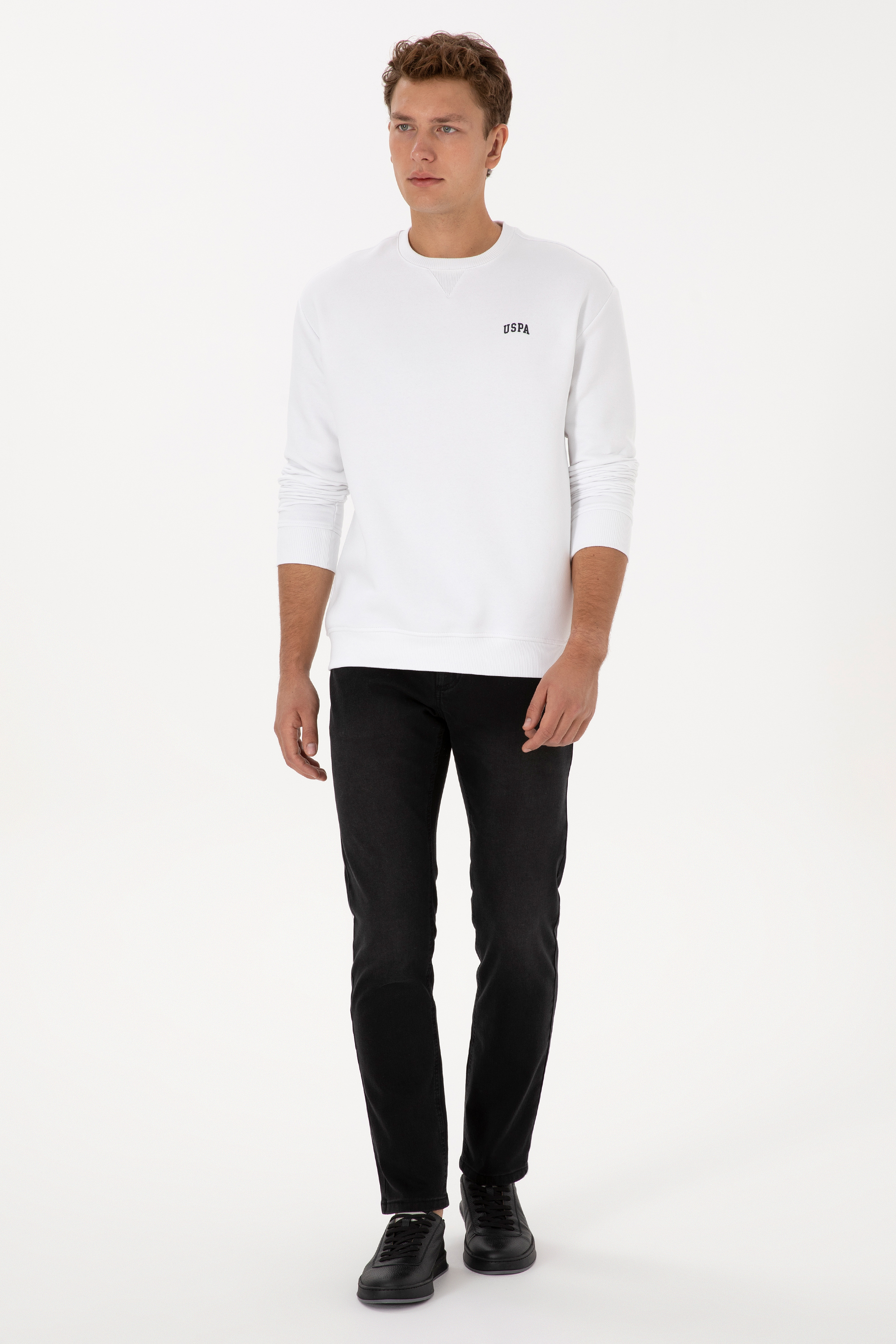 Erkek Comfort Fit Bisiklet Yaka Şardonlu Beyaz Basic Sweatshirt