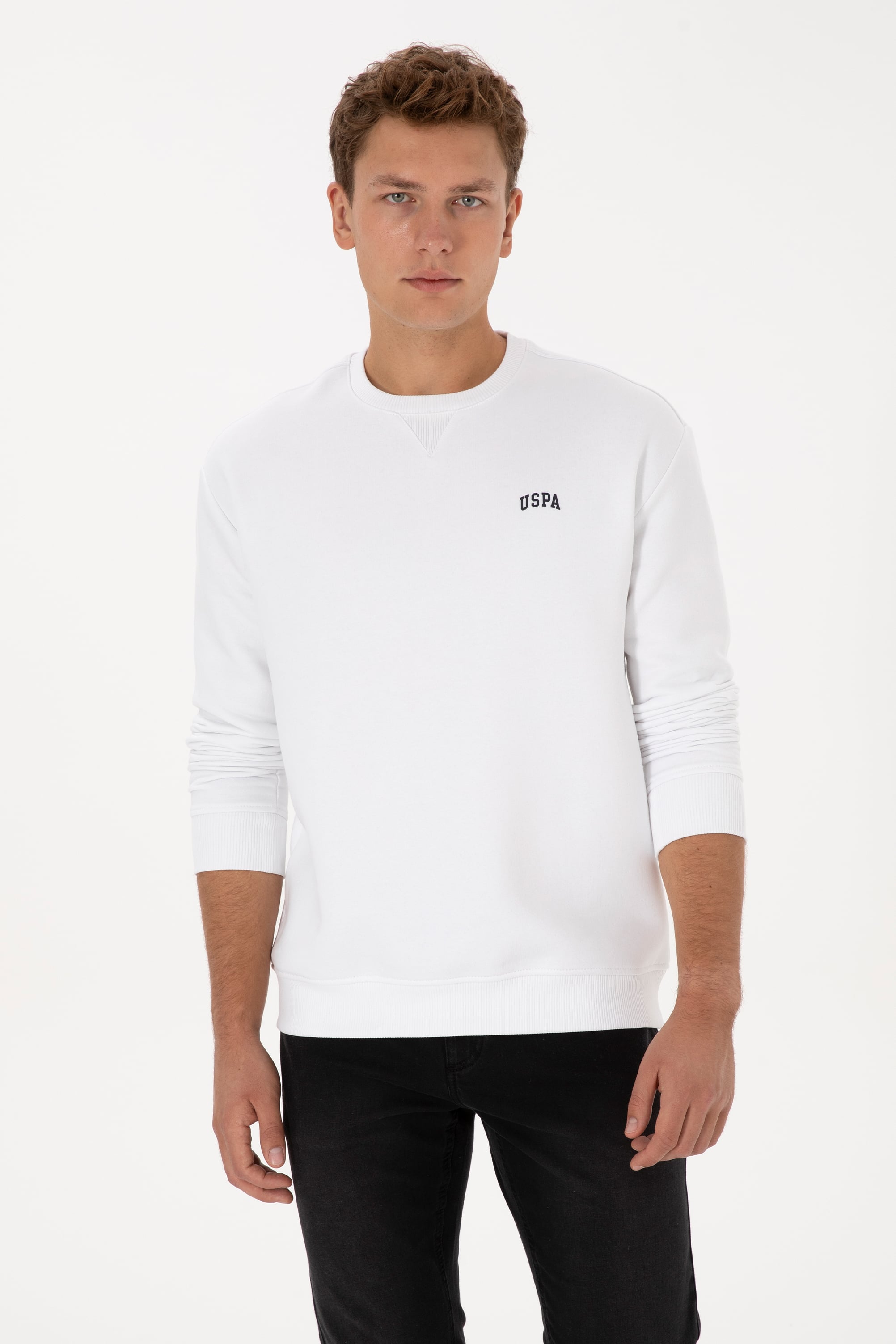 Erkek Comfort Fit Bisiklet Yaka Şardonlu Beyaz Basic Sweatshirt - Image 1