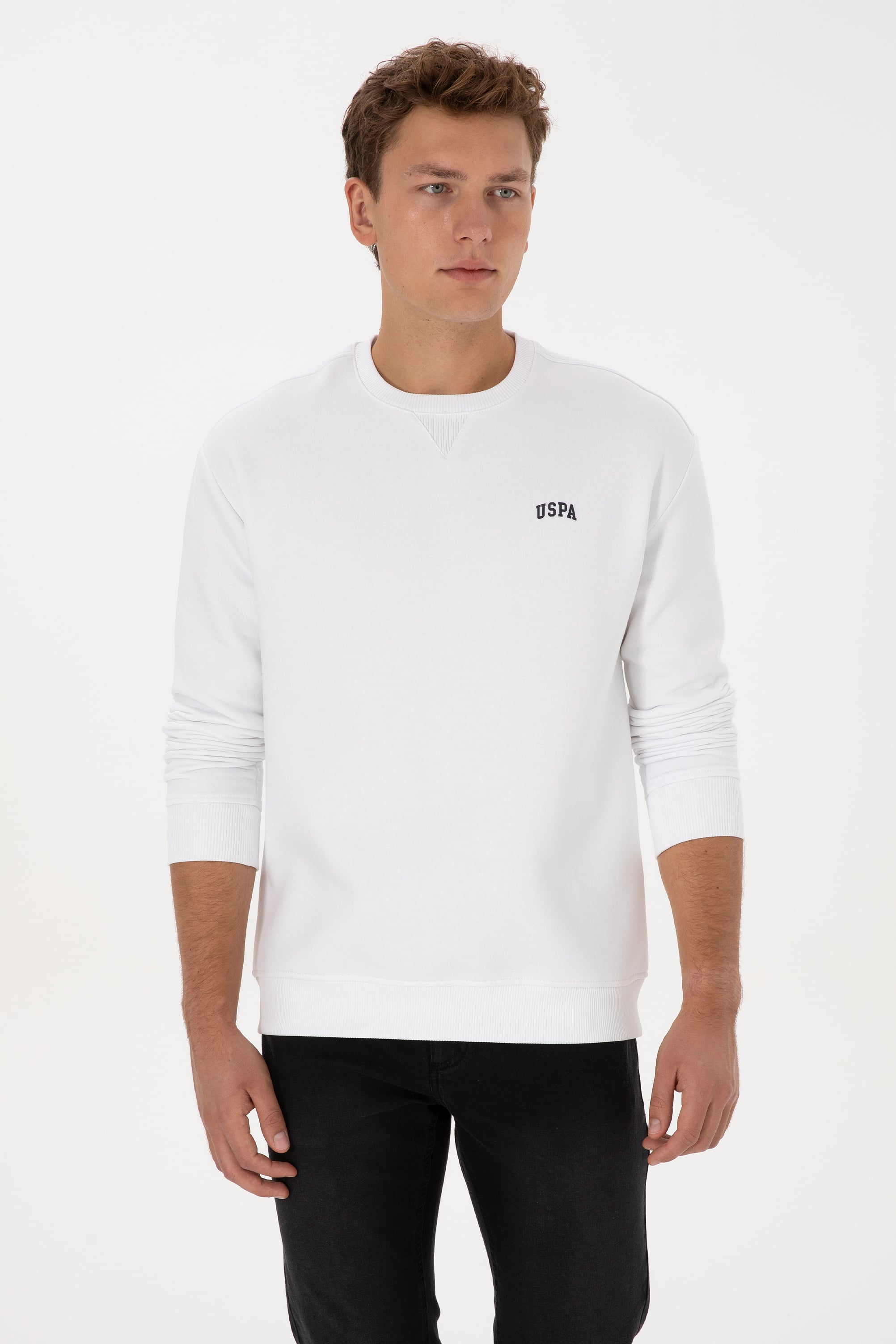 Erkek Comfort Fit Bisiklet Yaka Şardonlu Beyaz Basic Sweatshirt - Image 3
