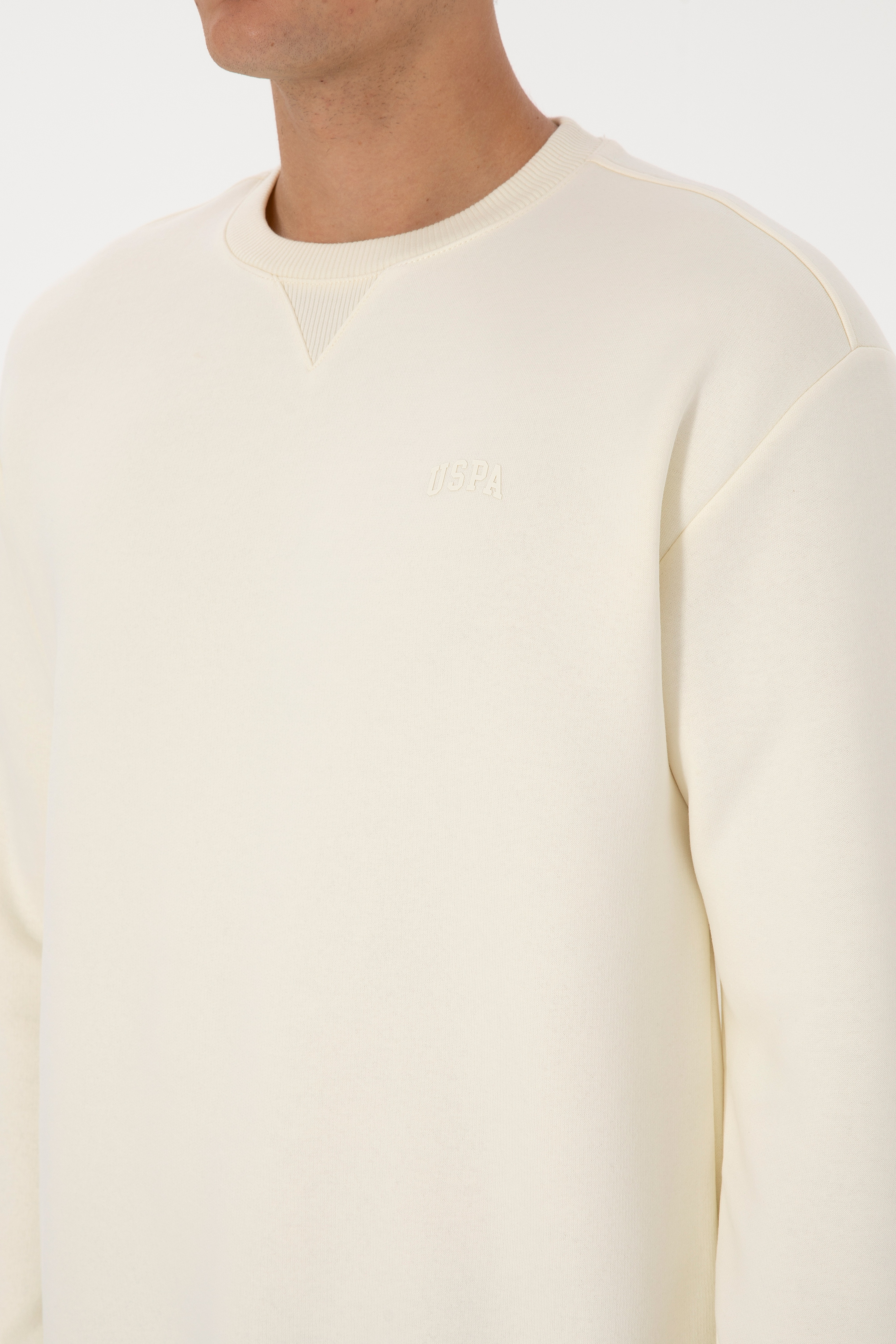 Erkek Comfort Fit Bisiklet Yaka Şardonlu Krem Basic Sweatshirt - Image 7