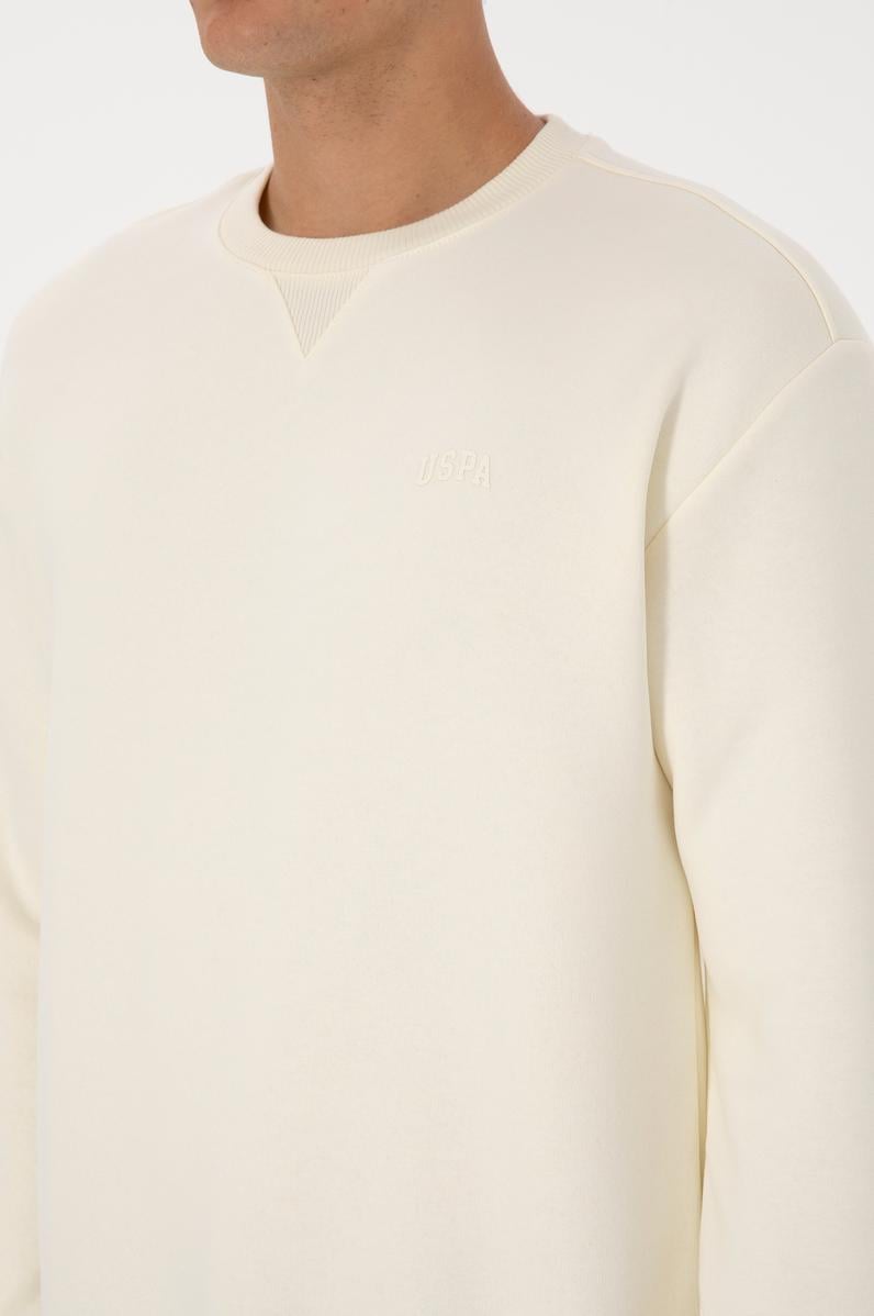 Erkek Comfort Fit Bisiklet Yaka Şardonlu Krem Basic Sweatshirt
