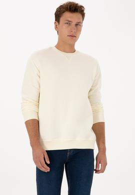 Erkek Comfort Fit Bisiklet Yaka Şardonlu Krem Basic Sweatshirt - 50313757207