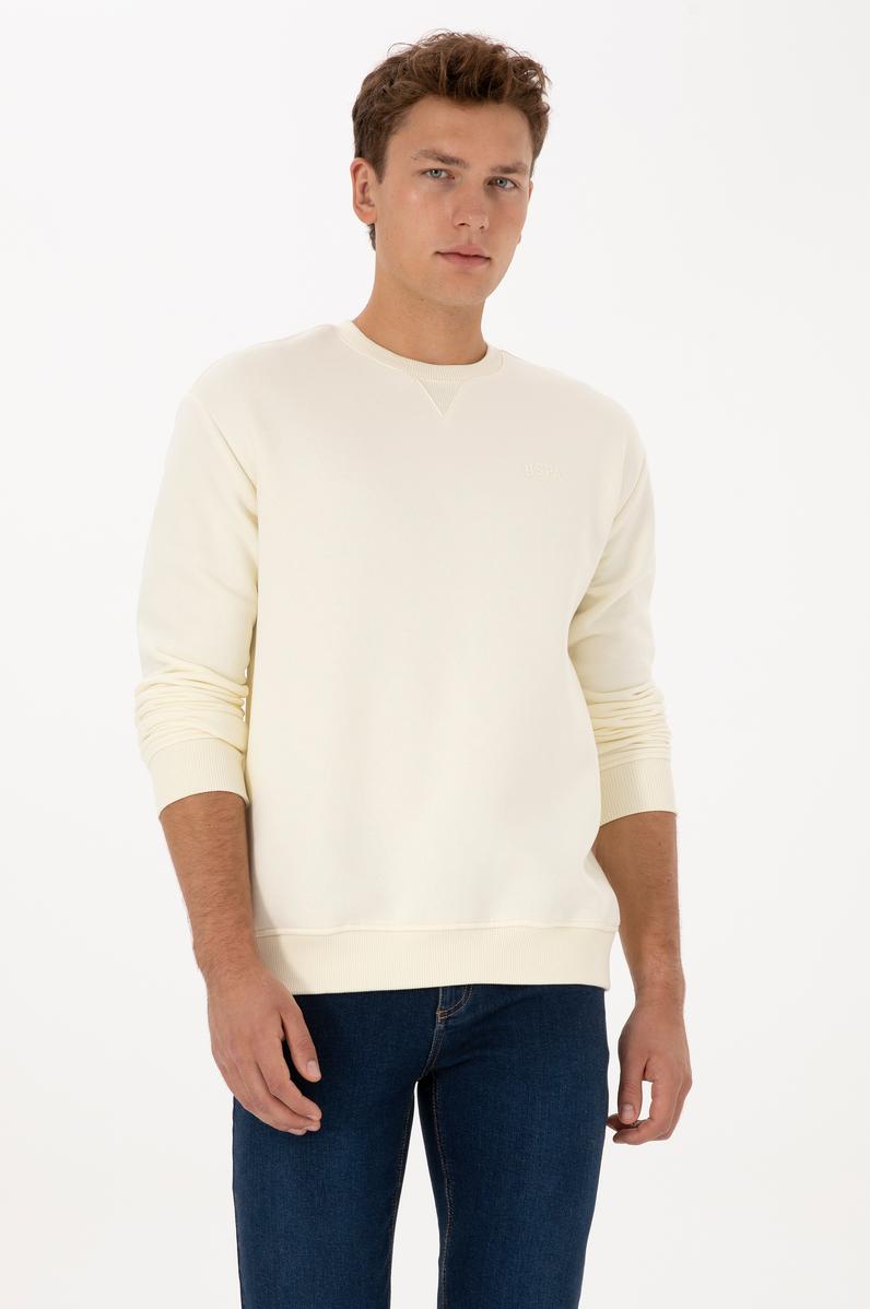 Erkek Comfort Fit Bisiklet Yaka Şardonlu Krem Basic Sweatshirt