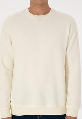 Erkek Comfort Fit Bisiklet Yaka Şardonlu Krem Basic Sweatshirt - 50313757207