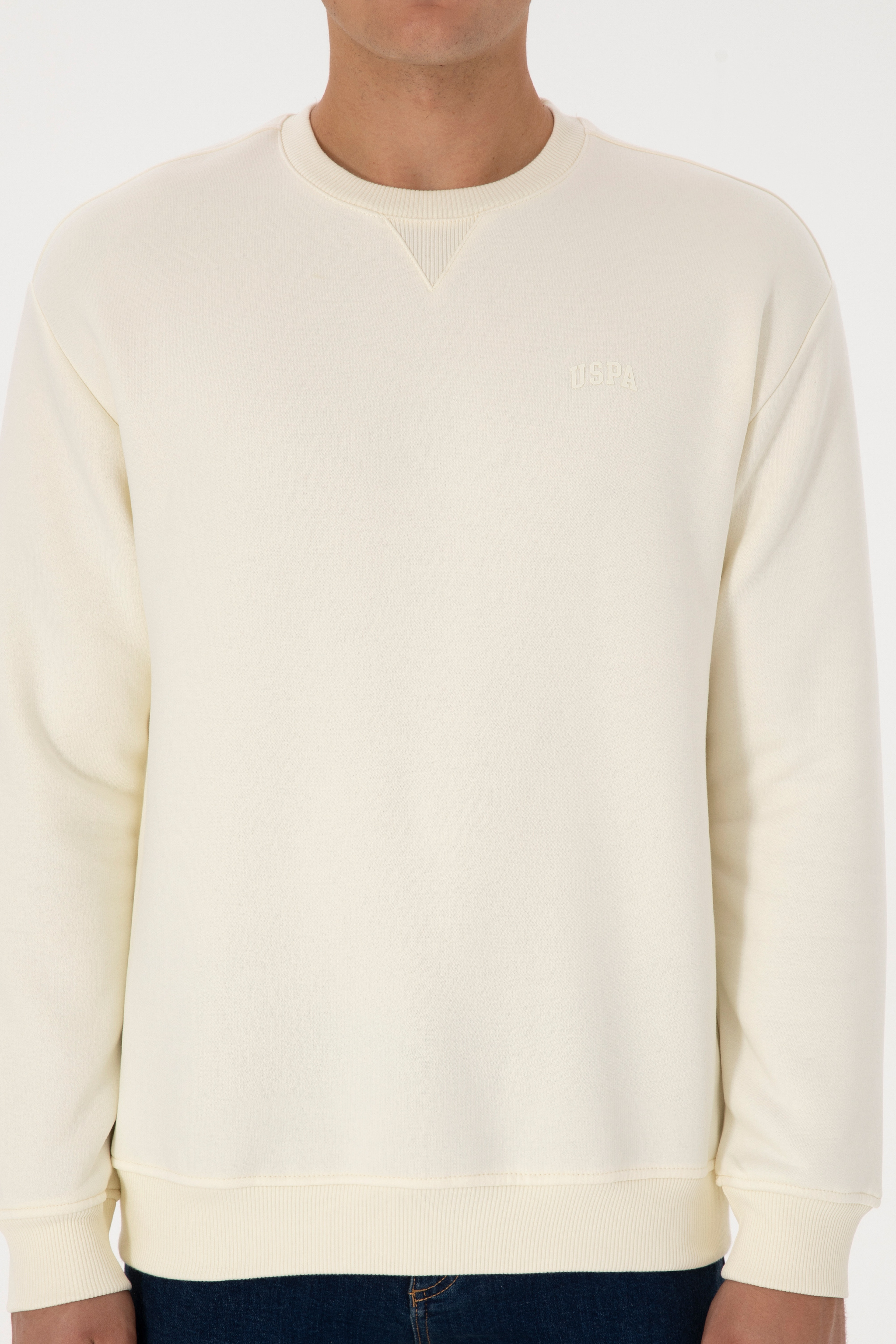 Erkek Comfort Fit Bisiklet Yaka Şardonlu Krem Basic Sweatshirt