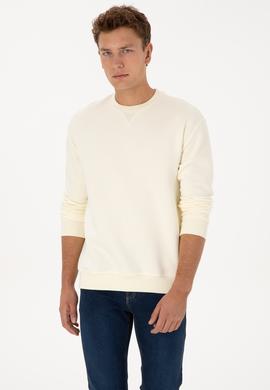 Erkek Comfort Fit Bisiklet Yaka Şardonlu Krem Basic Sweatshirt - 50313757207