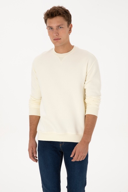 Erkek Comfort Fit Bisiklet Yaka Şardonlu Krem Basic Sweatshirt