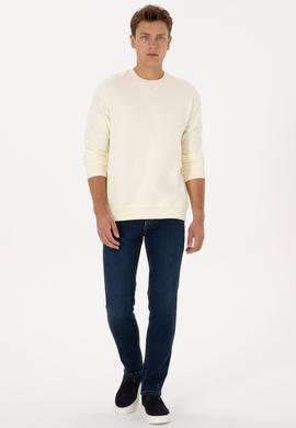 Erkek Comfort Fit Bisiklet Yaka Şardonlu Krem Basic Sweatshirt - 50313757207