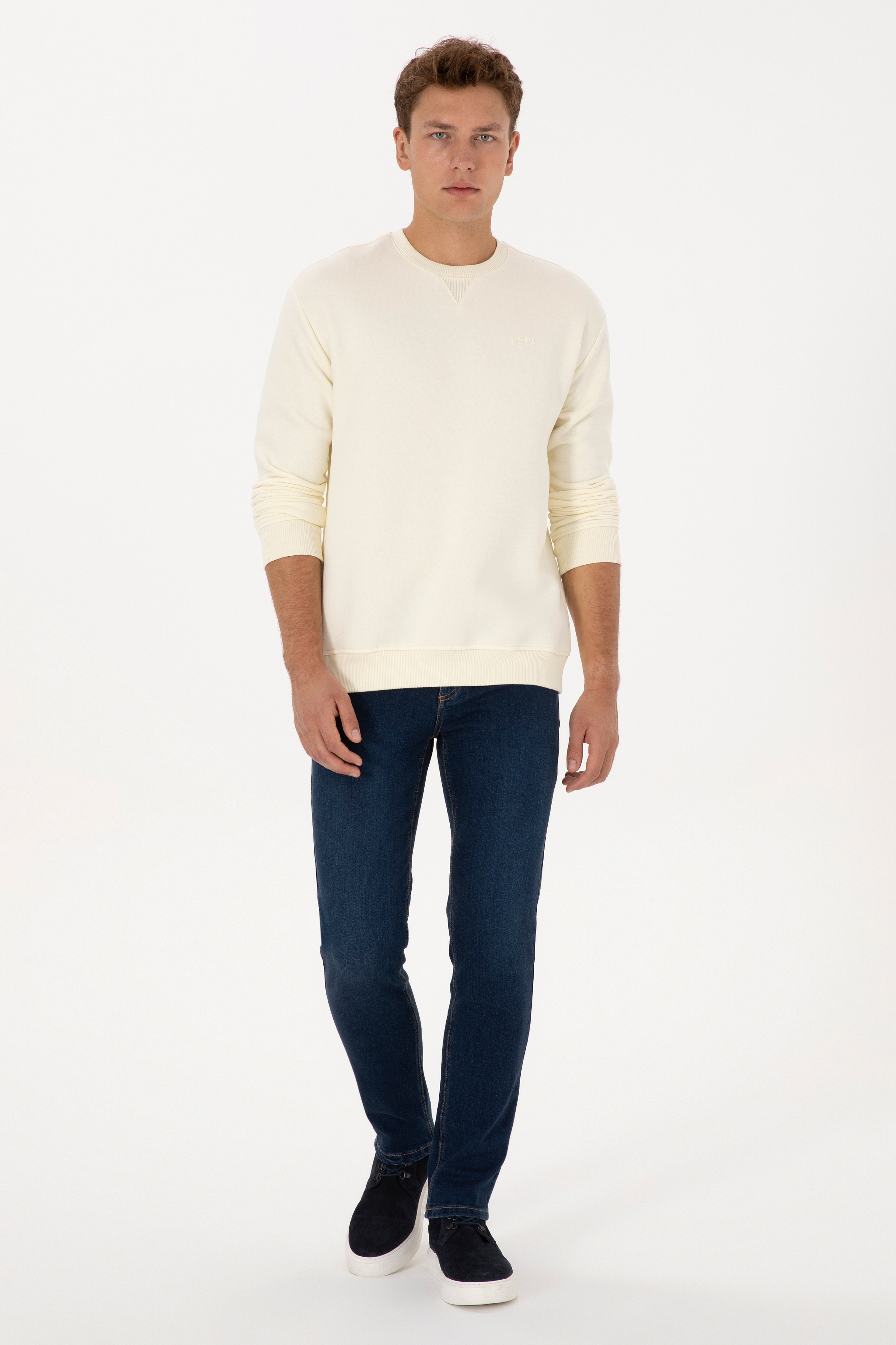 Erkek Comfort Fit Bisiklet Yaka Şardonlu Krem Basic Sweatshirt
