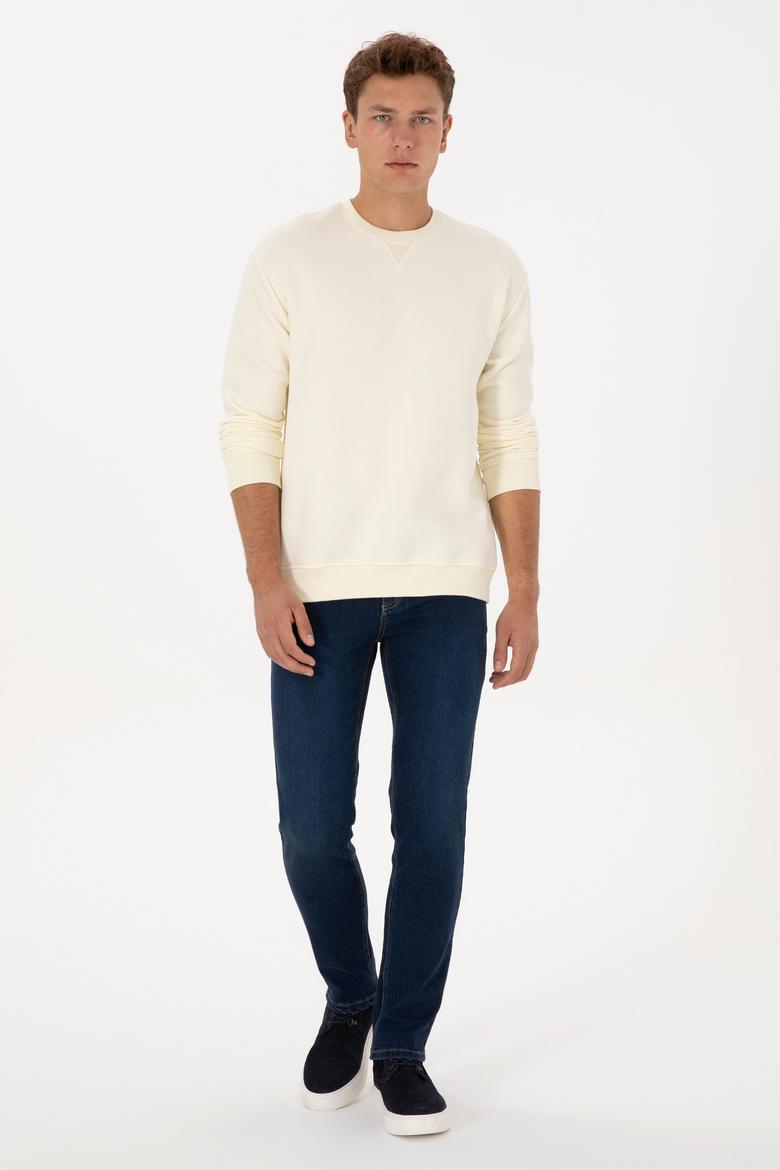 Erkek Comfort Fit Bisiklet Yaka Şardonlu Krem Basic Sweatshirt - 50313757207