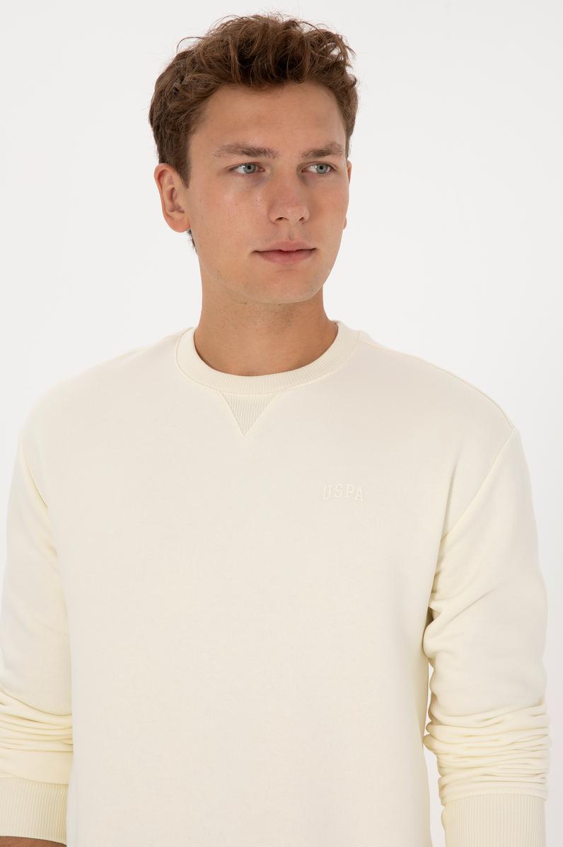 Erkek Comfort Fit Bisiklet Yaka Şardonlu Krem Basic Sweatshirt