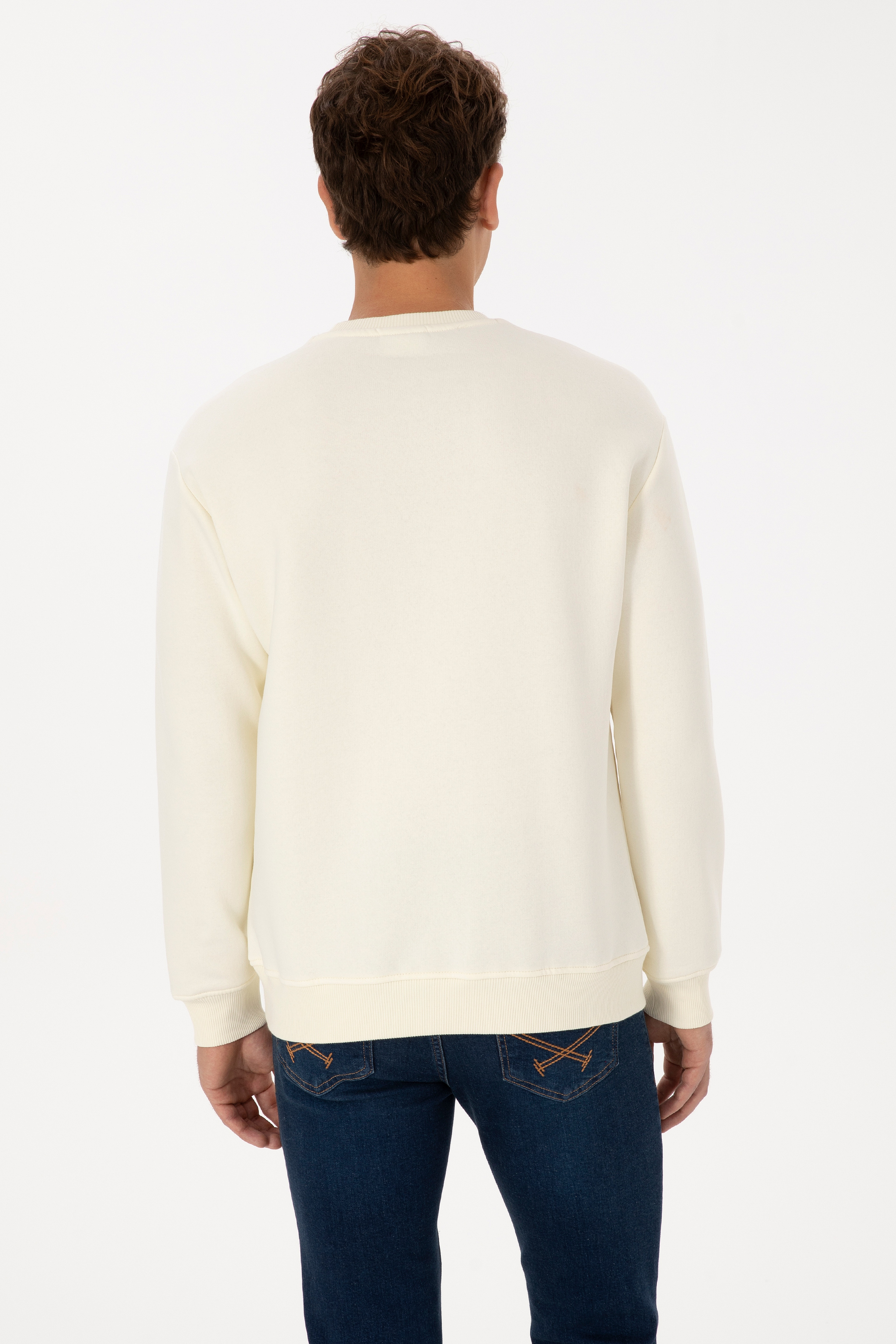 Erkek Comfort Fit Bisiklet Yaka Şardonlu Krem Basic Sweatshirt