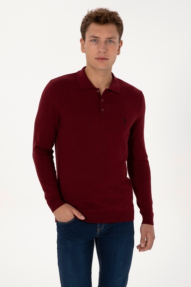 Erkek Slim Fit Polo Yaka Bordo Basic Kazak