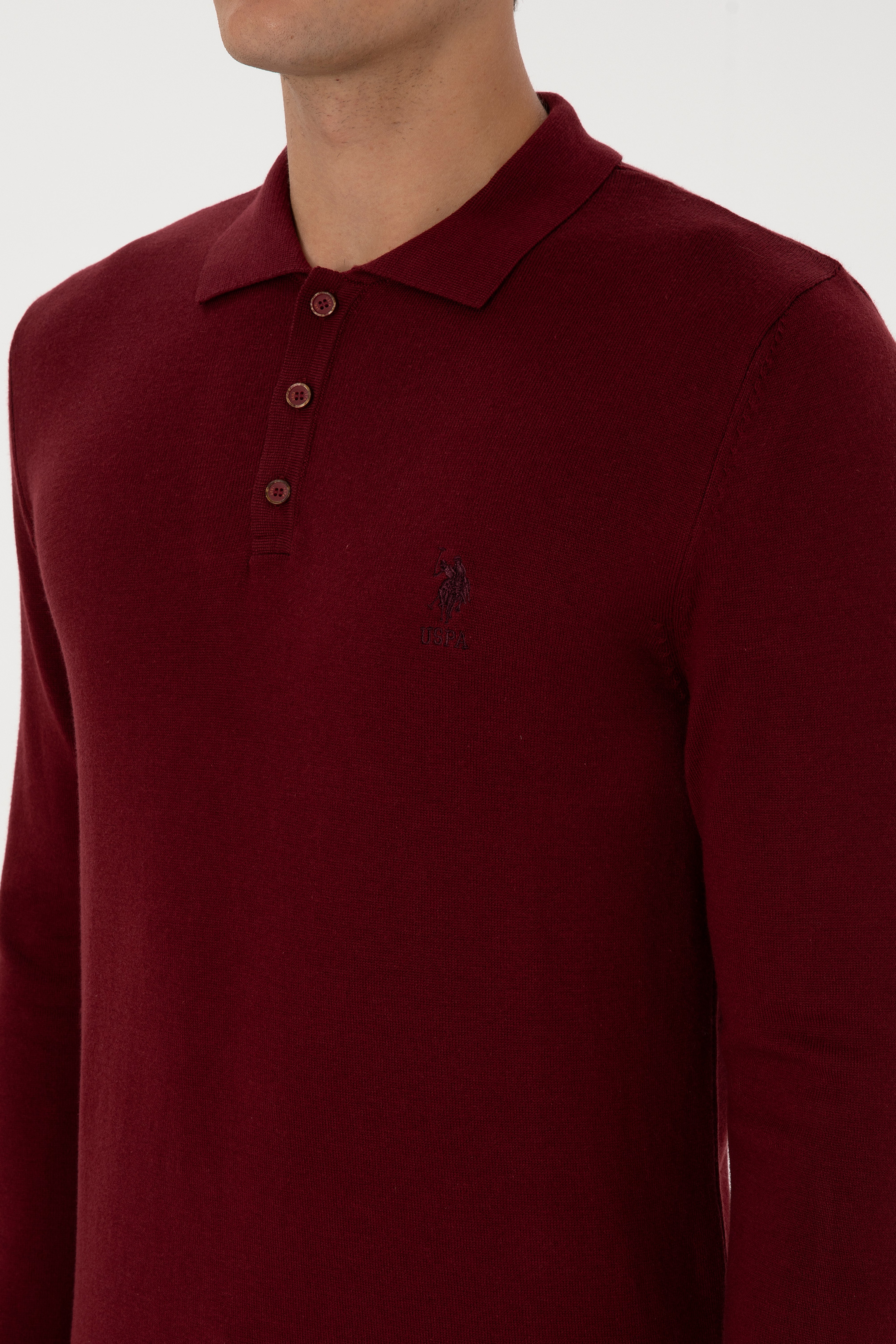 Erkek Slim Fit Polo Yaka Bordo Basic Kazak - Image 7