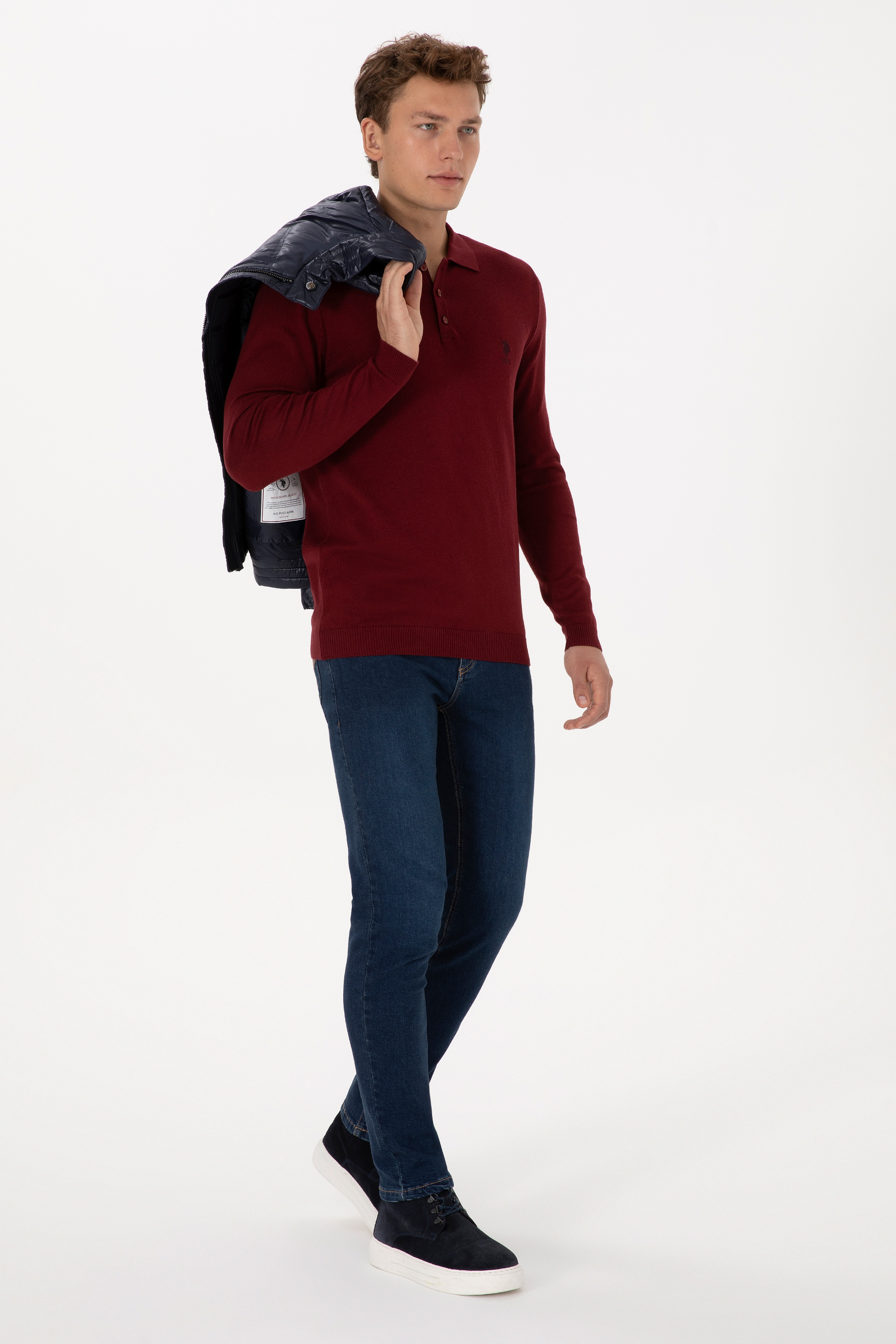 Erkek Slim Fit Polo Yaka Bordo Basic Kazak - Image 4