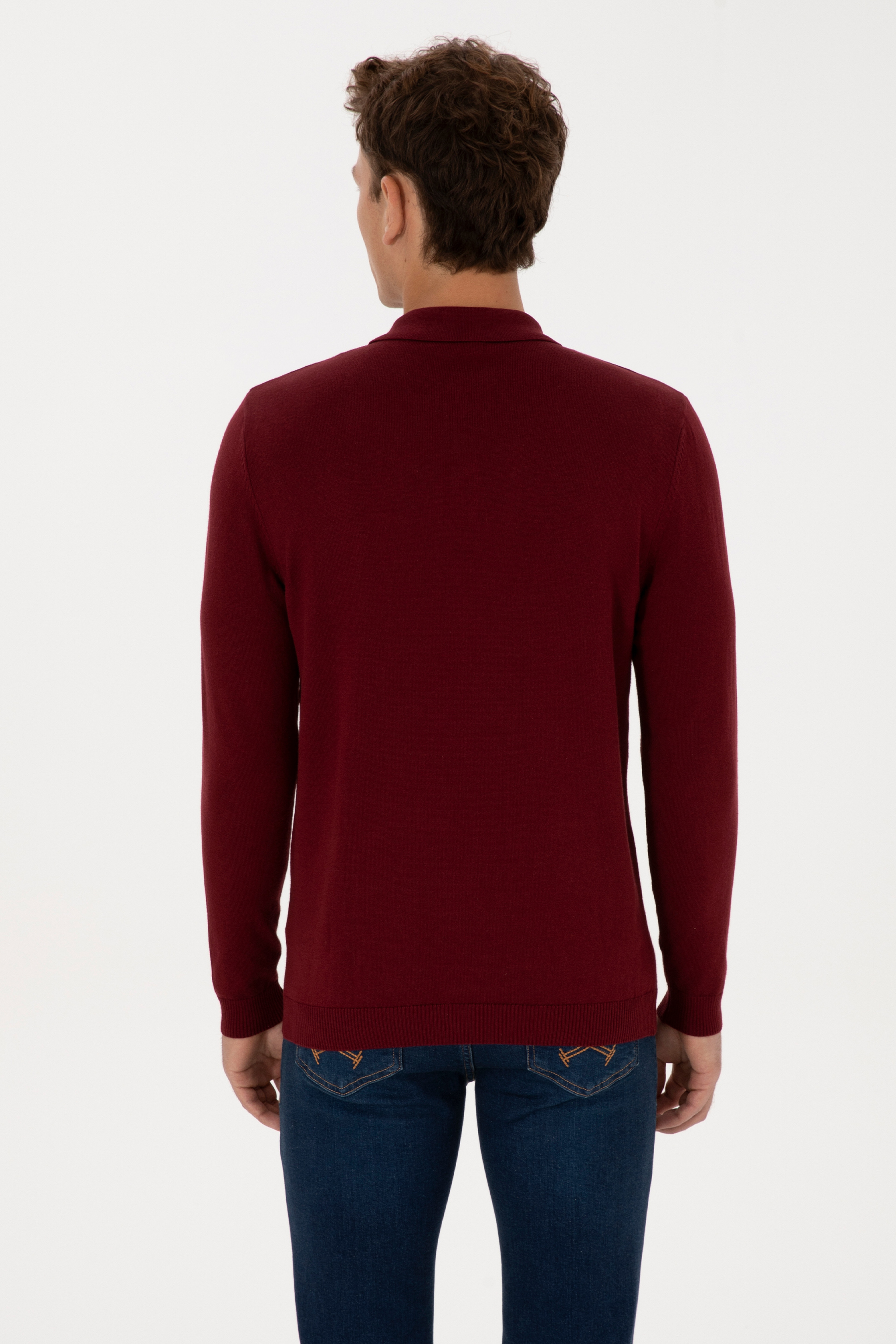 Erkek Slim Fit Polo Yaka Bordo Basic Kazak - Image 5