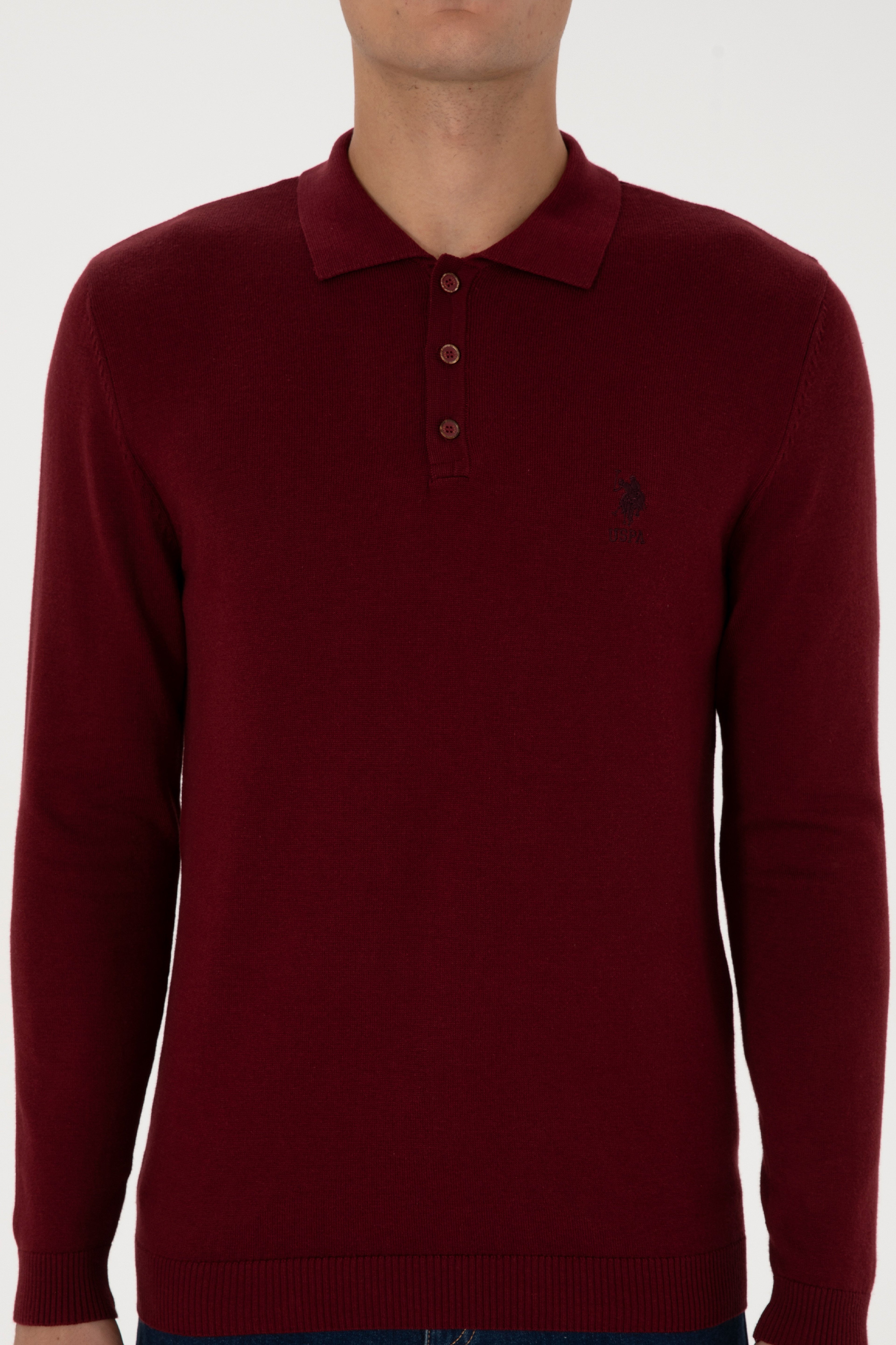Erkek Slim Fit Polo Yaka Bordo Basic Kazak - Image 6