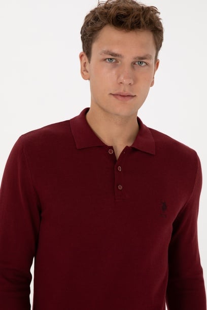 Erkek Slim Fit Polo Yaka Bordo Basic Kazak