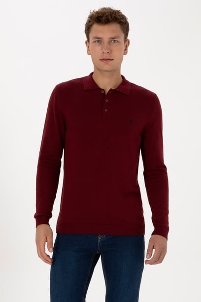 Erkek Slim Fit Polo Yaka Bordo Basic Kazak
