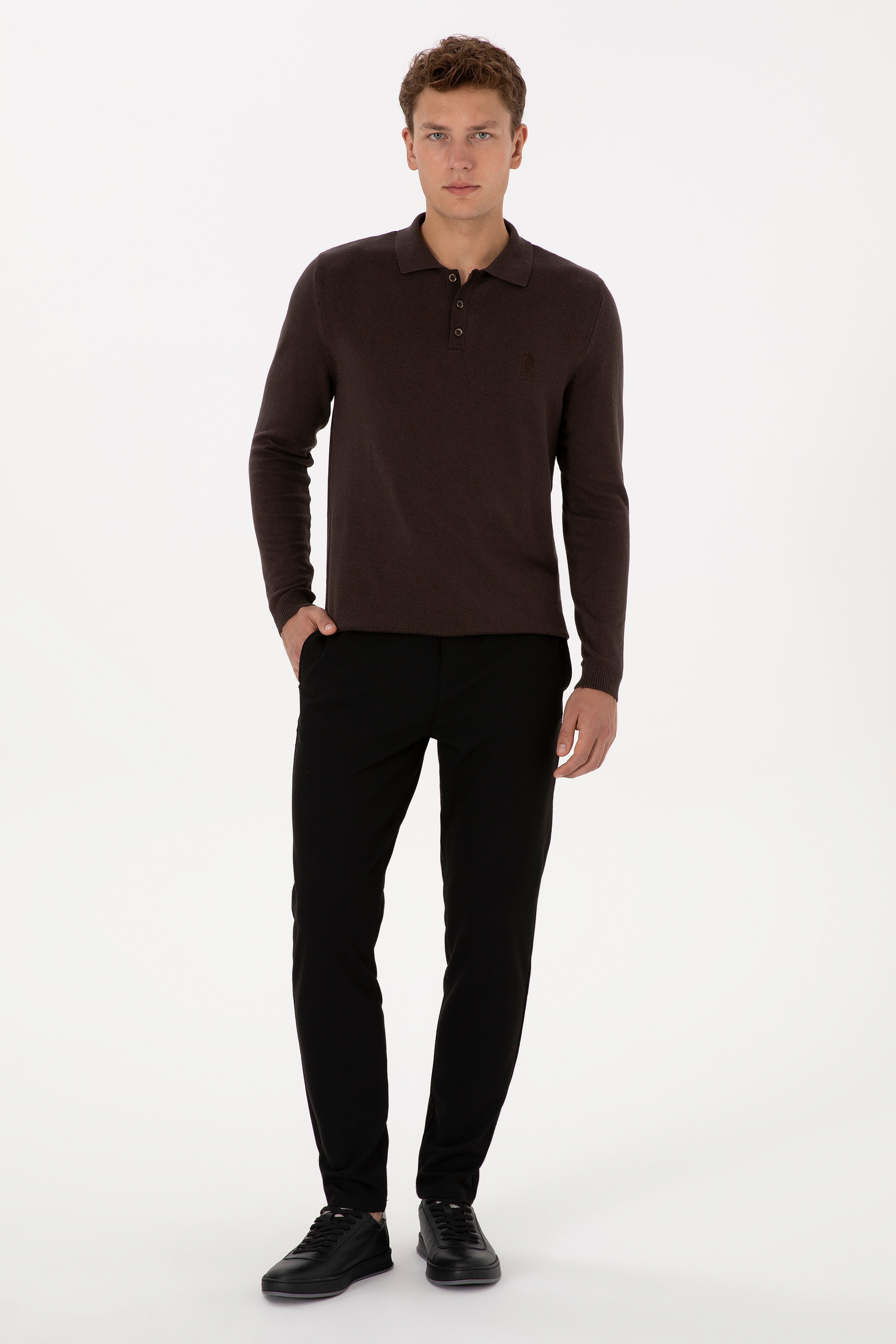 Erkek Slim Fit Polo Yaka Koyu Kahverengi Basic Kazak