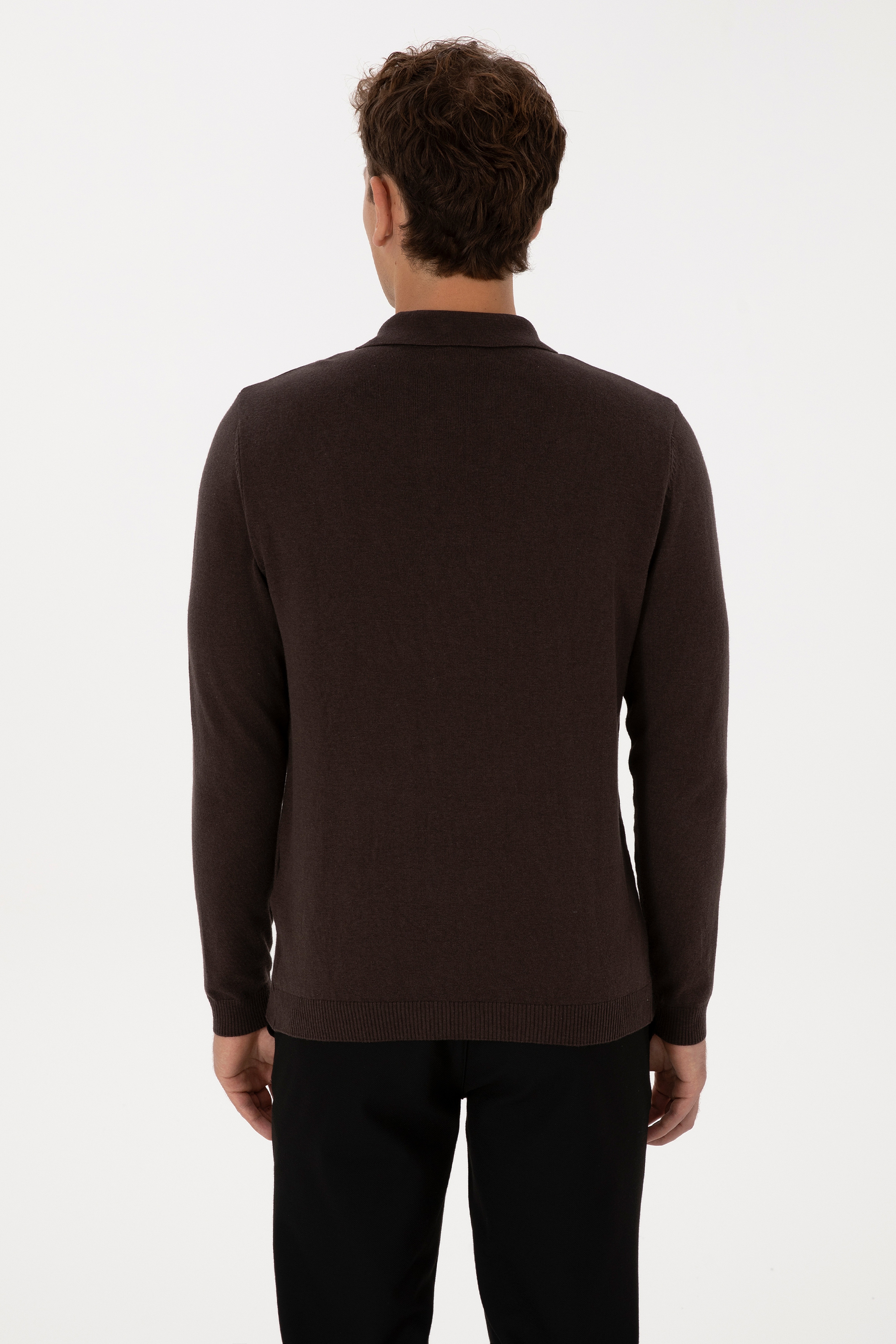 Erkek Slim Fit Polo Yaka Koyu Kahverengi Basic Kazak - Image 5