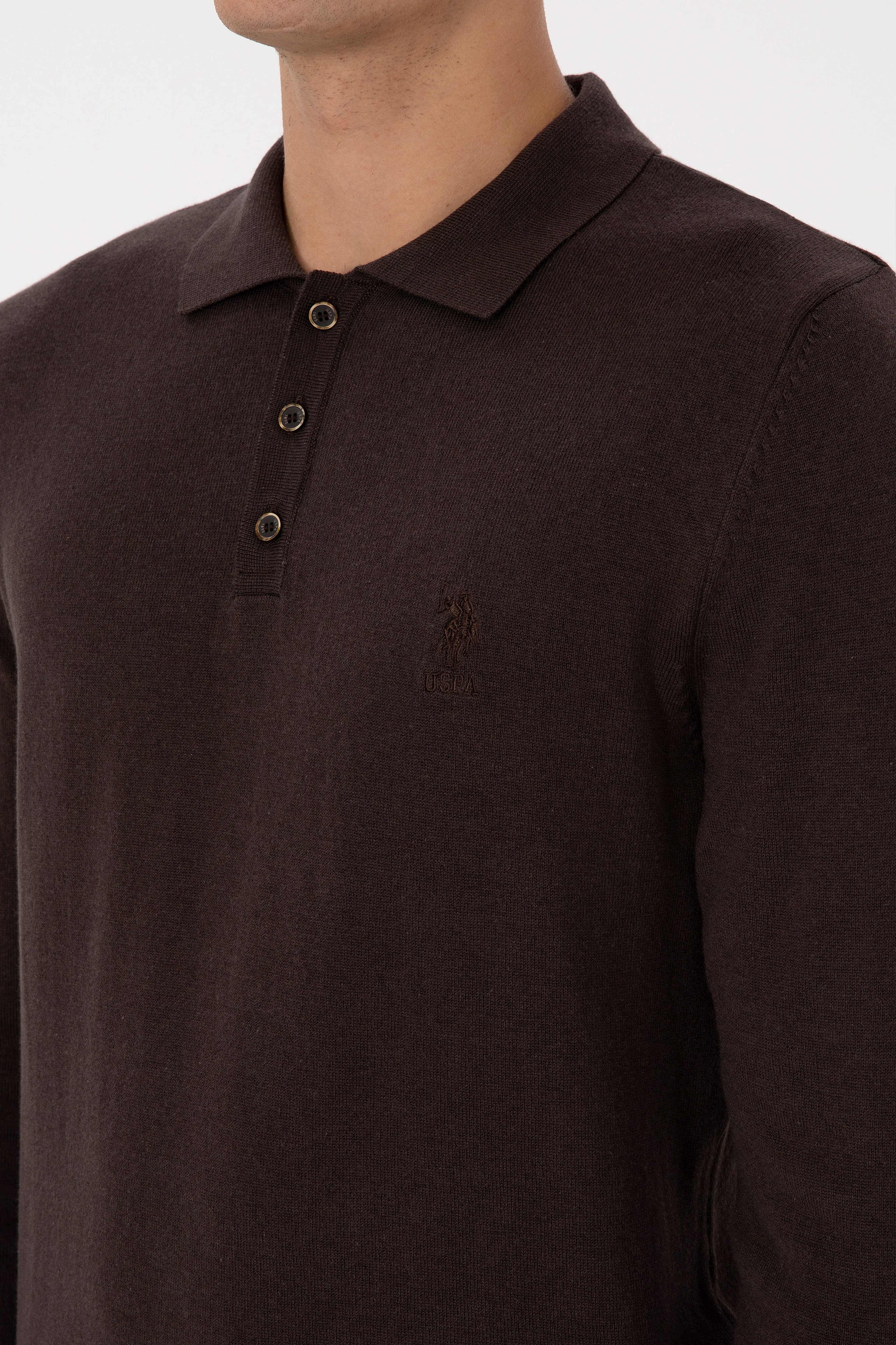 Erkek Slim Fit Polo Yaka Koyu Kahverengi Basic Kazak