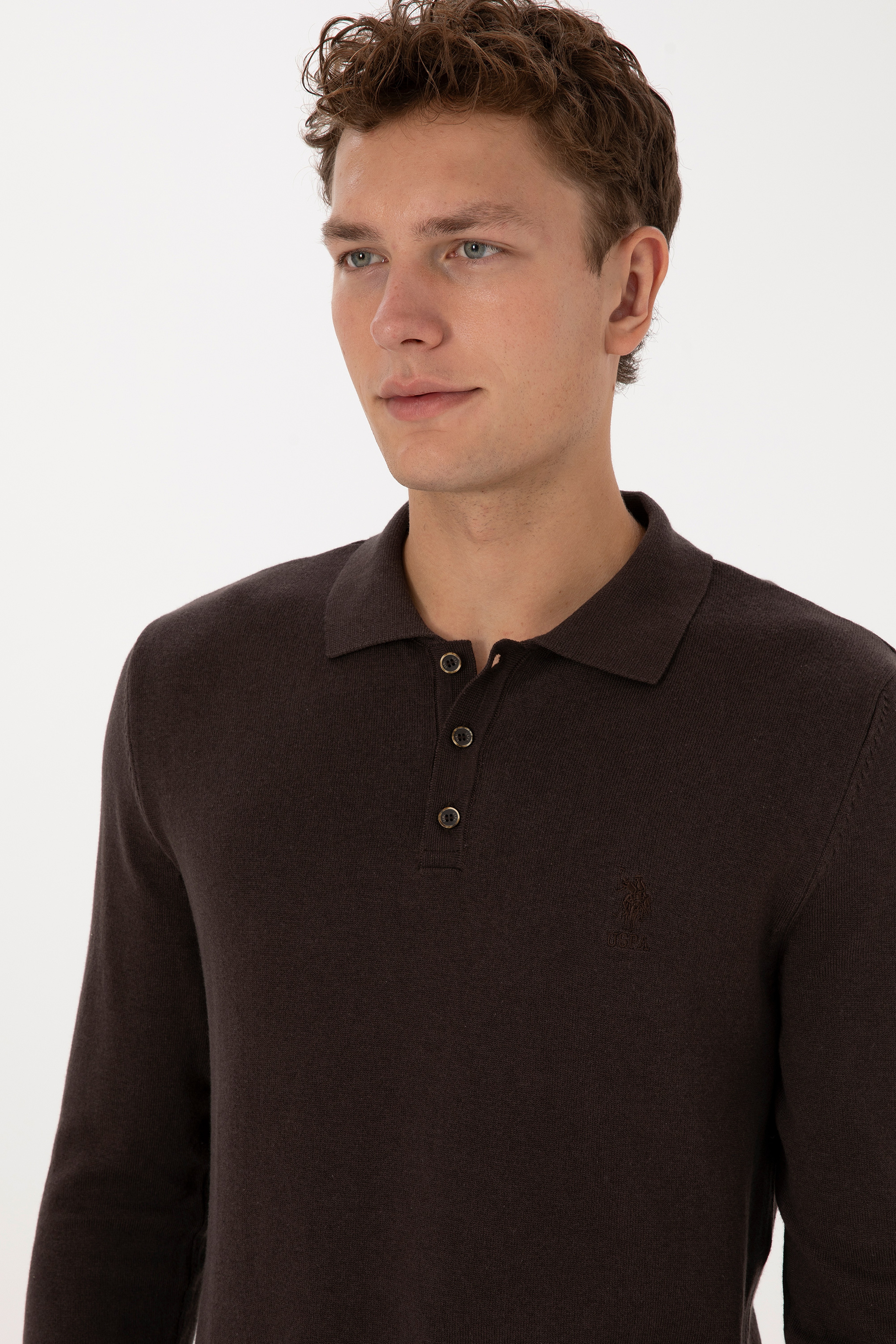Erkek Slim Fit Polo Yaka Koyu Kahverengi Basic Kazak - Image 2