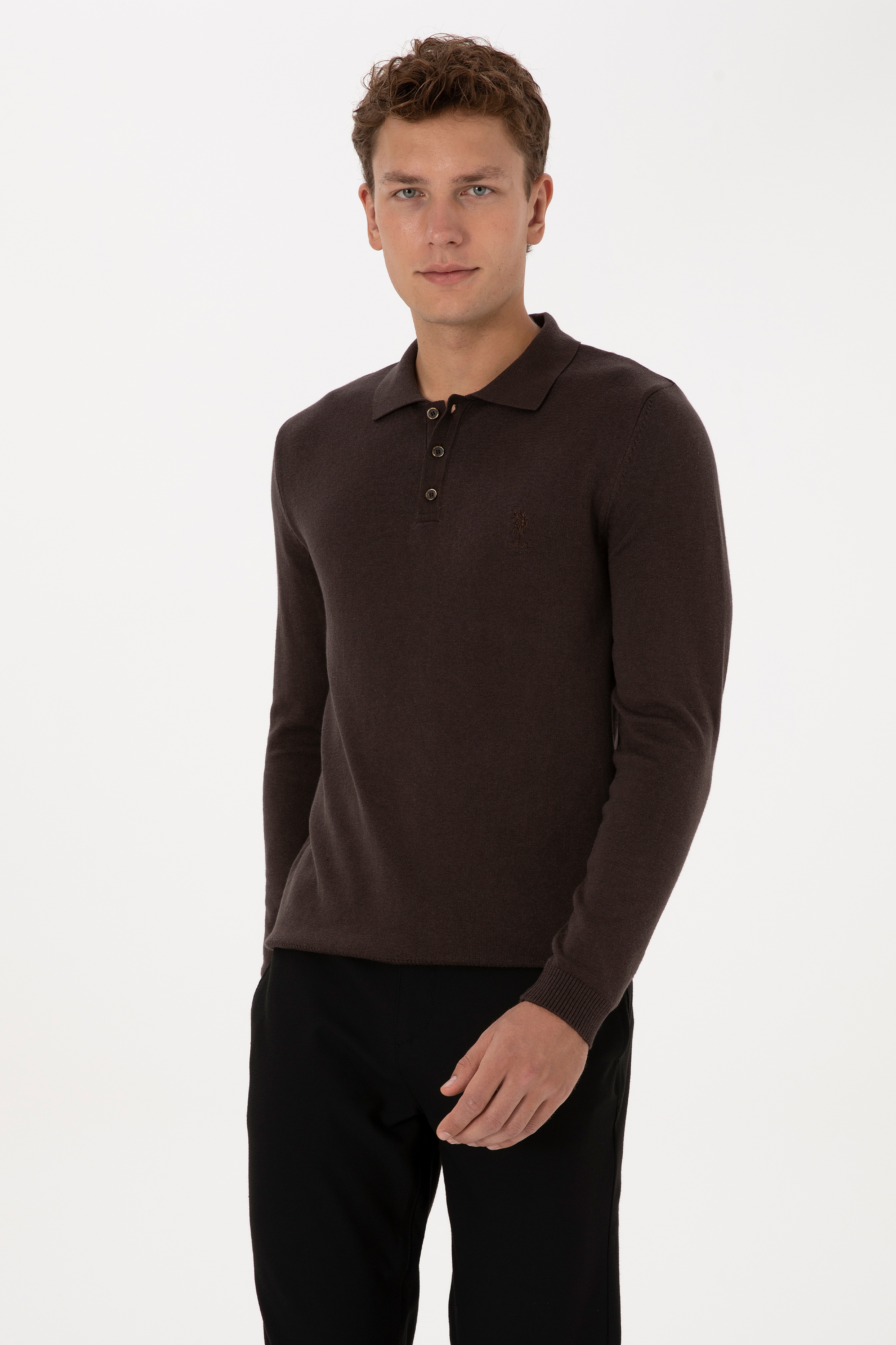 Erkek Slim Fit Polo Yaka Koyu Kahverengi Basic Kazak - Image 3
