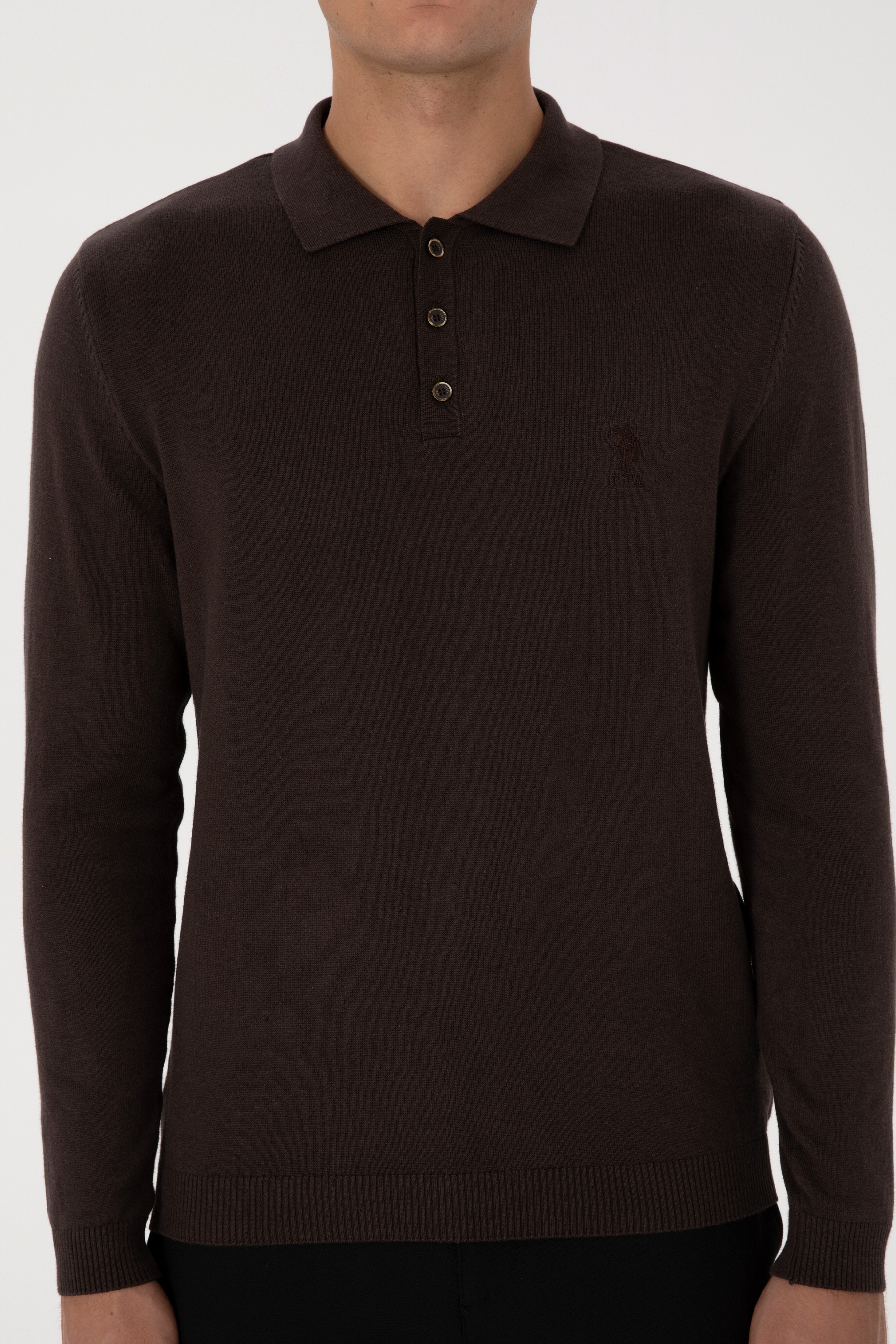 Erkek Slim Fit Polo Yaka Koyu Kahverengi Basic Kazak - Image 6