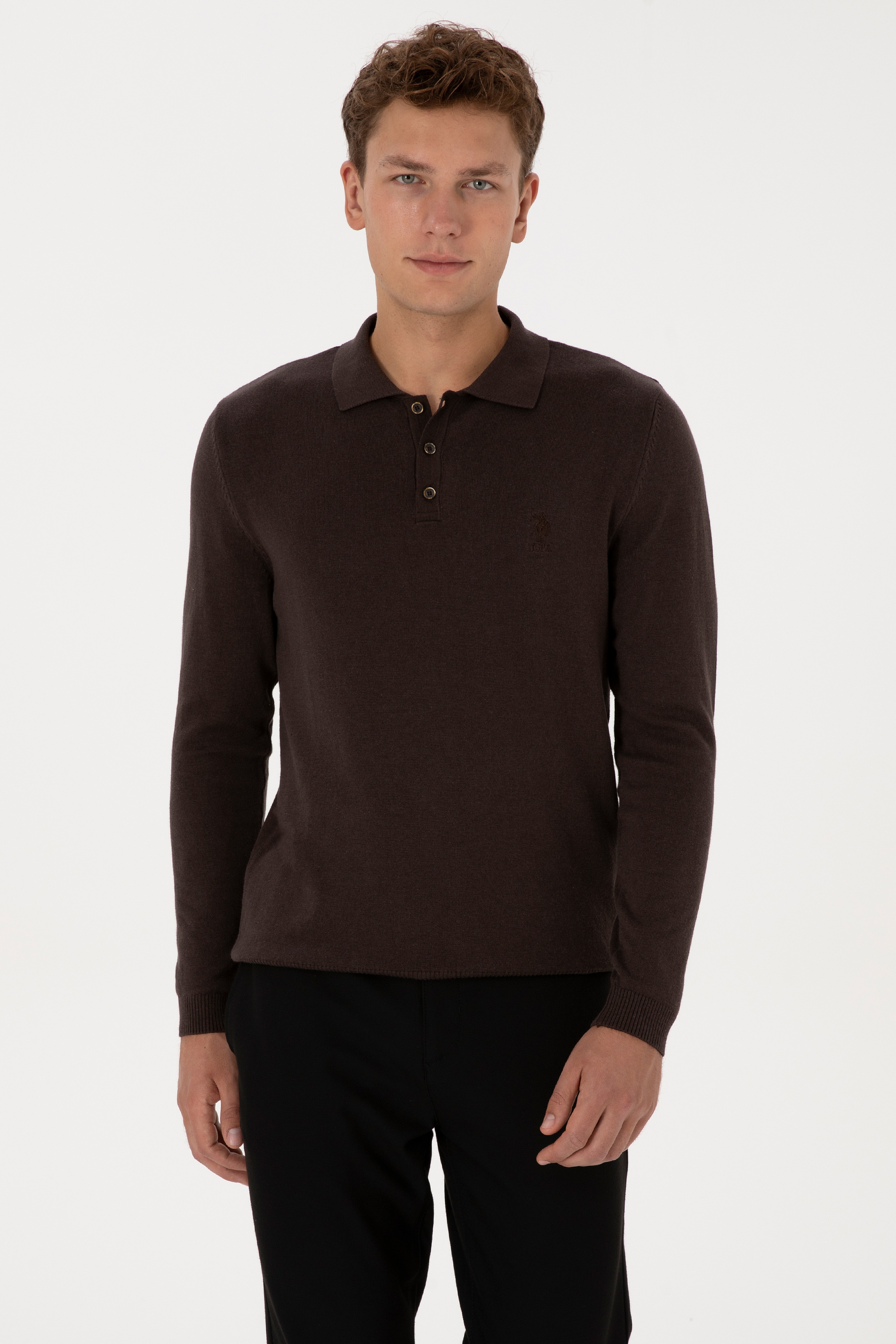 Erkek Slim Fit Polo Yaka Koyu Kahverengi Basic Kazak - Image 1