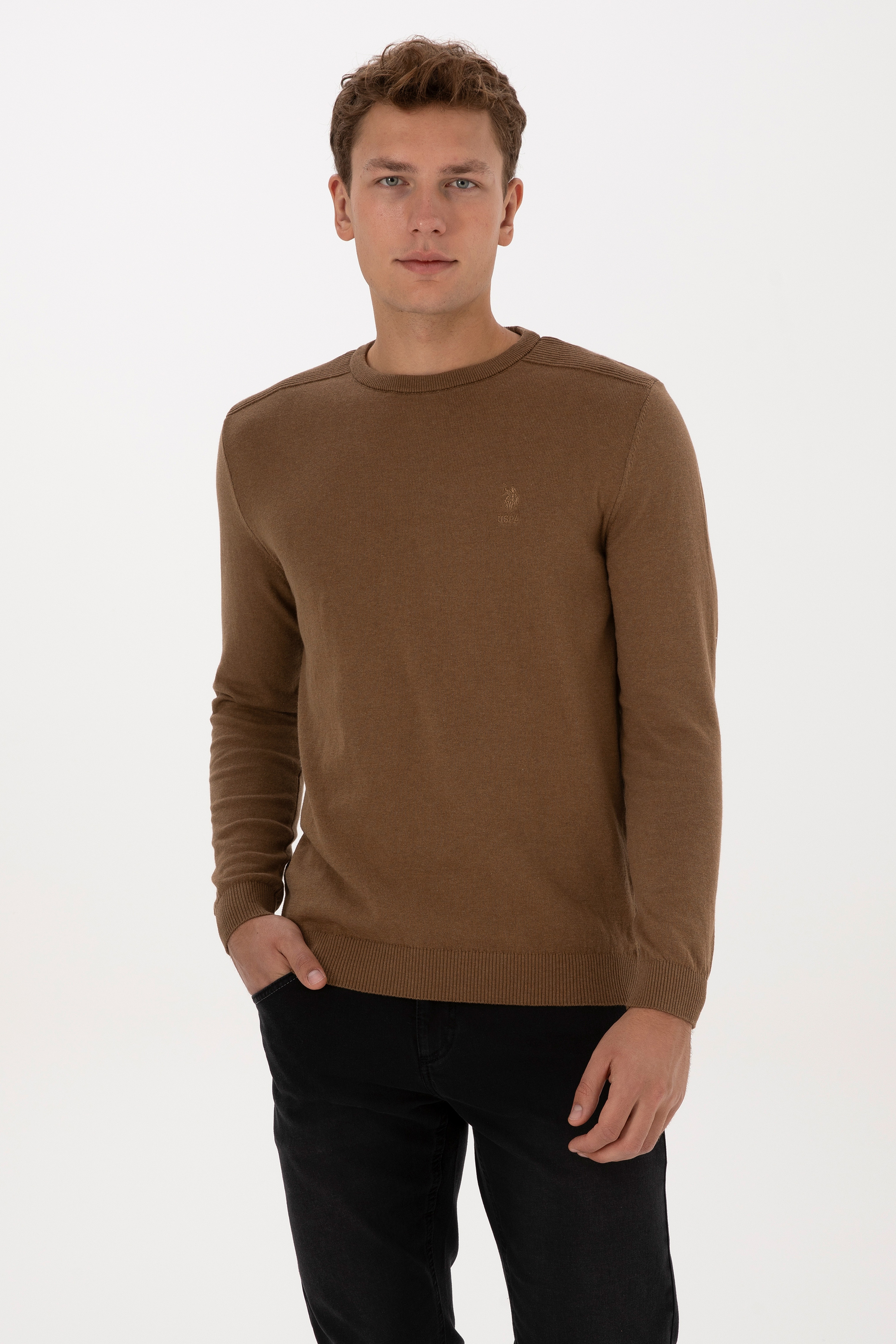 Erkek Slim Fit Bisiklet Yaka Haki Melanj Basic Kazak - Image 1