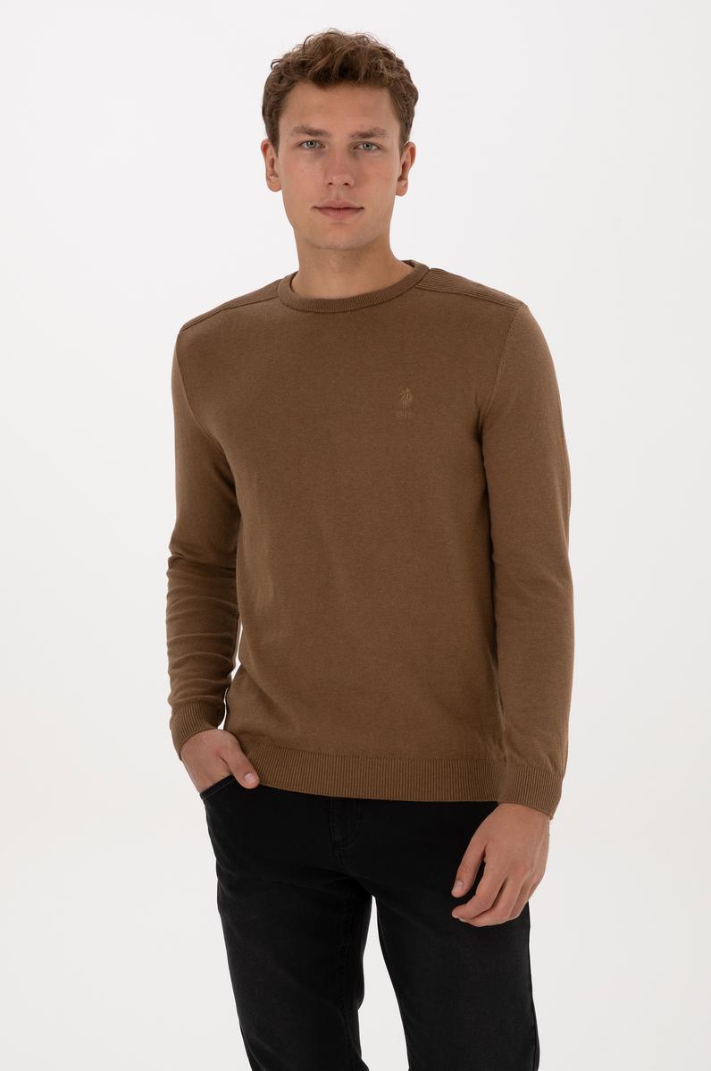 Erkek Slim Fit Bisiklet Yaka Haki Melanj Basic Kazak