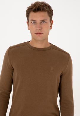 Erkek Slim Fit Bisiklet Yaka Haki Melanj Basic Kazak - 50307779035